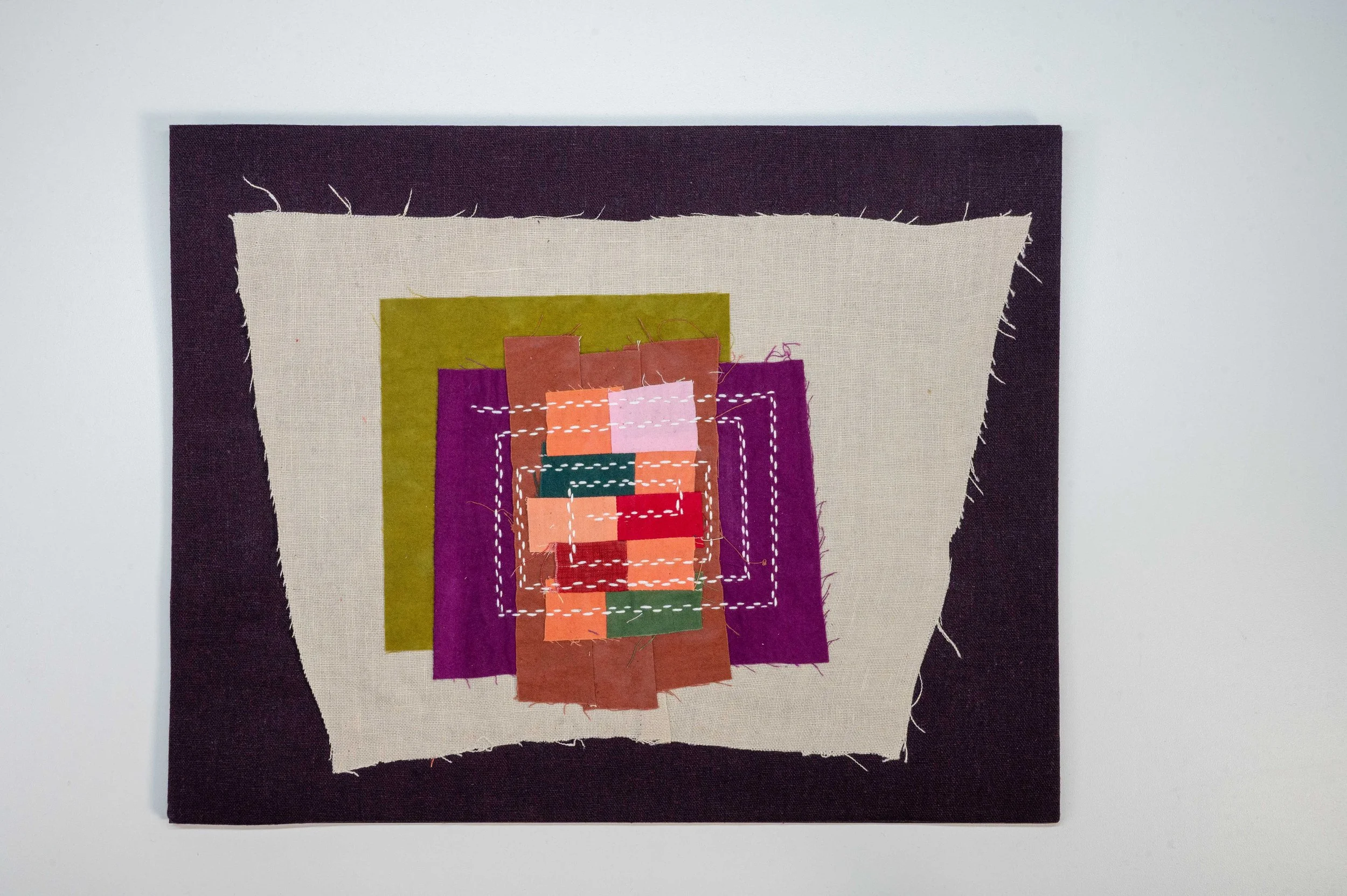 Unfinished Business No. 3 • 2025
• Improv pieced reclaimed and hand-dyed fabric, sashiko, Brussels Washer Linen, mounted on board
• 11 x 14 in.
• Available
