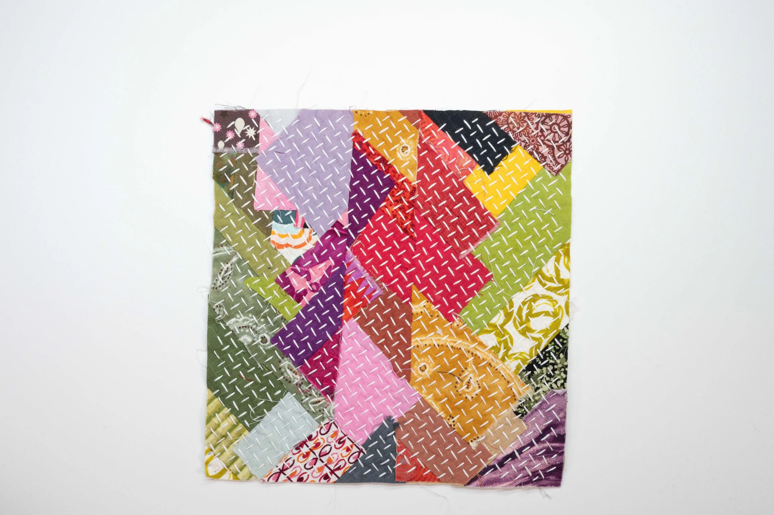 Reclaimed no. 2 • 2025
• Improv pieced reclaimed and hand-dyed fabric, hitomezasii sashiko
• 6 x 6 in.
• Available