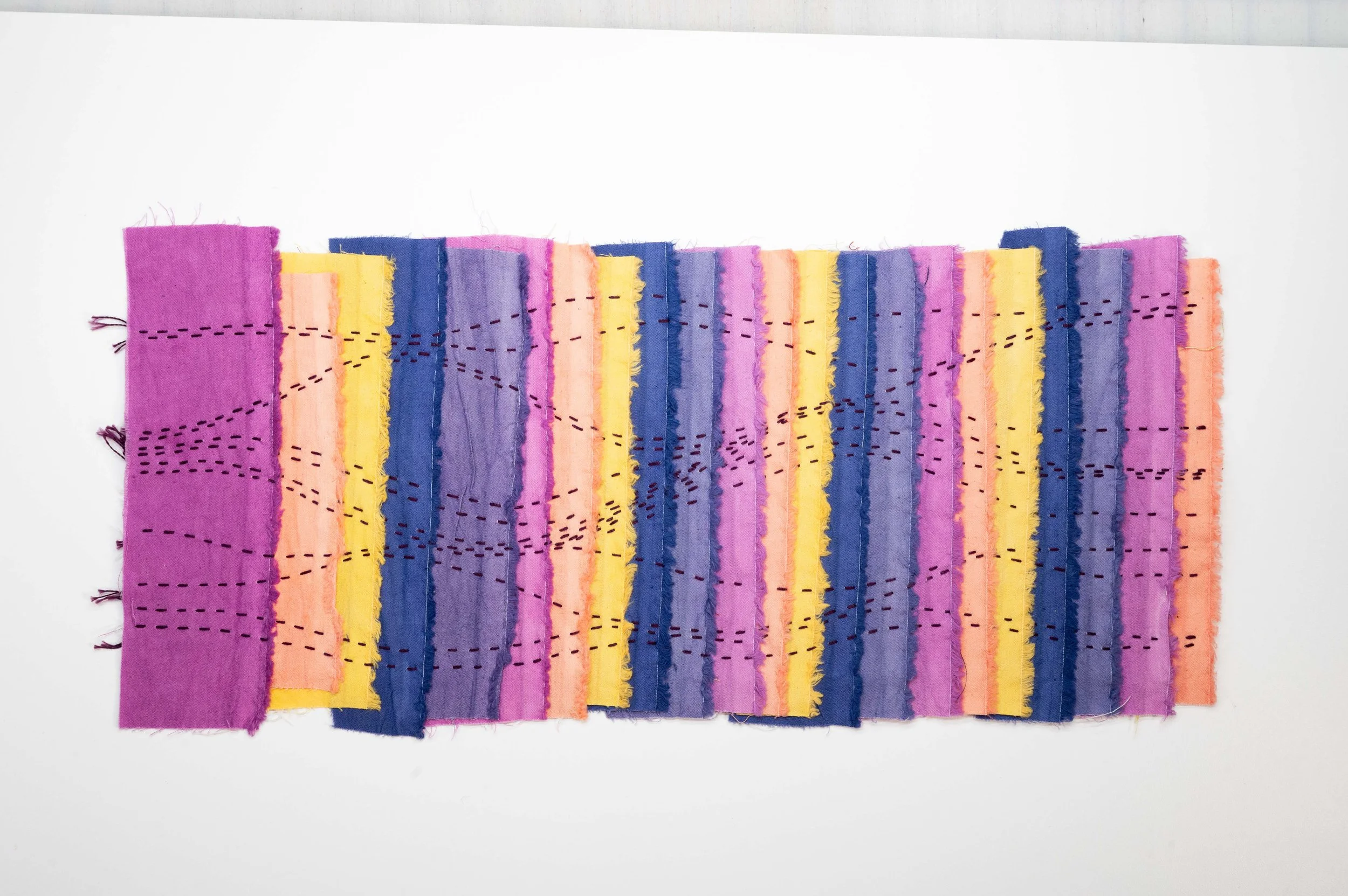 Boro'd Time No. 5 • 2024
• Improv pieced reclaimed and hand-dyed fabric, moyouzashi sashiko
• 9 x 15 in.
• Available