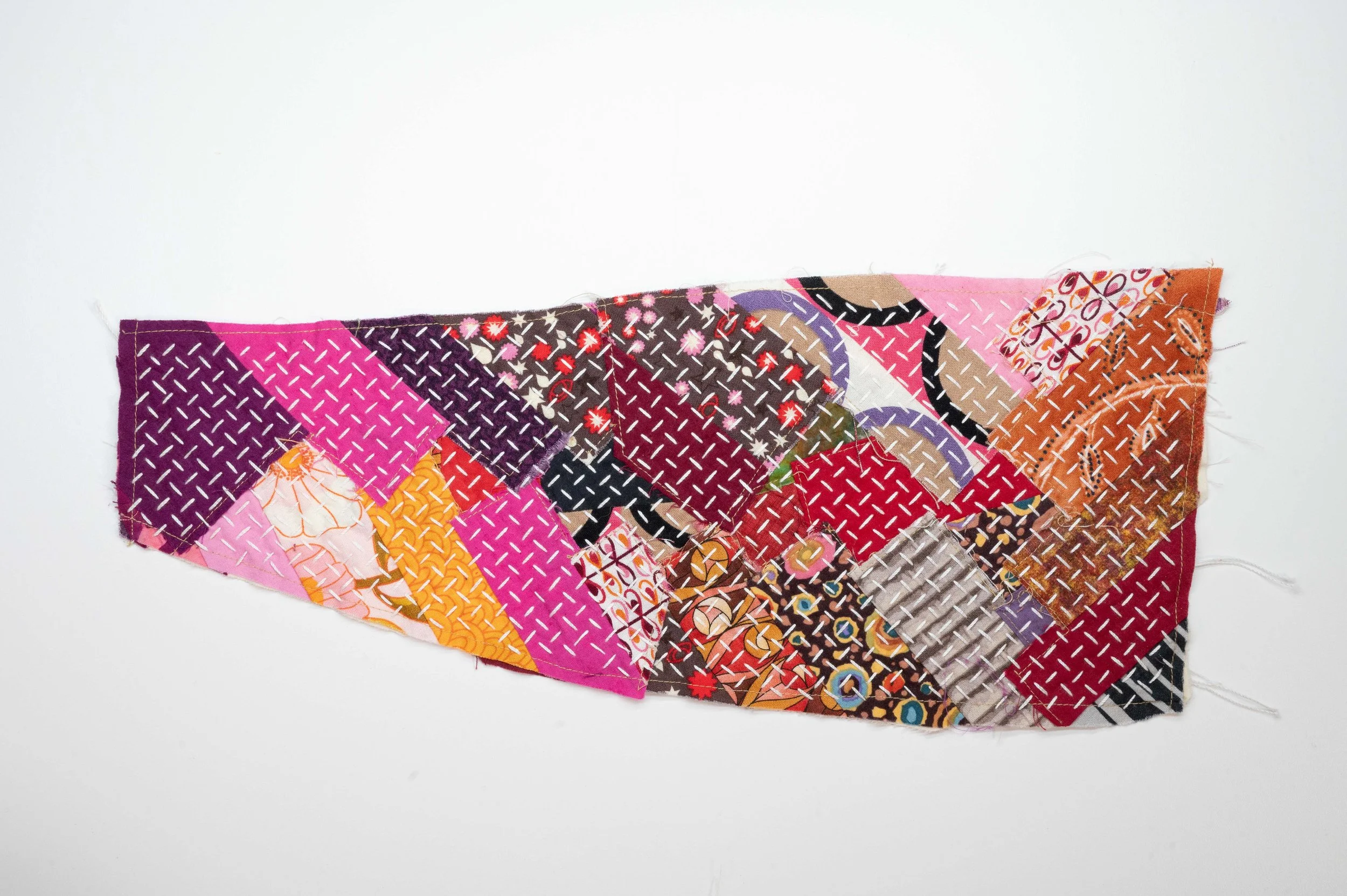 Reclaimed no. 3 • 2025
• Improv pieced reclaimed and hand-dyed fabric, hitomezasii sashiko
• 6 x 14 in.
• Available