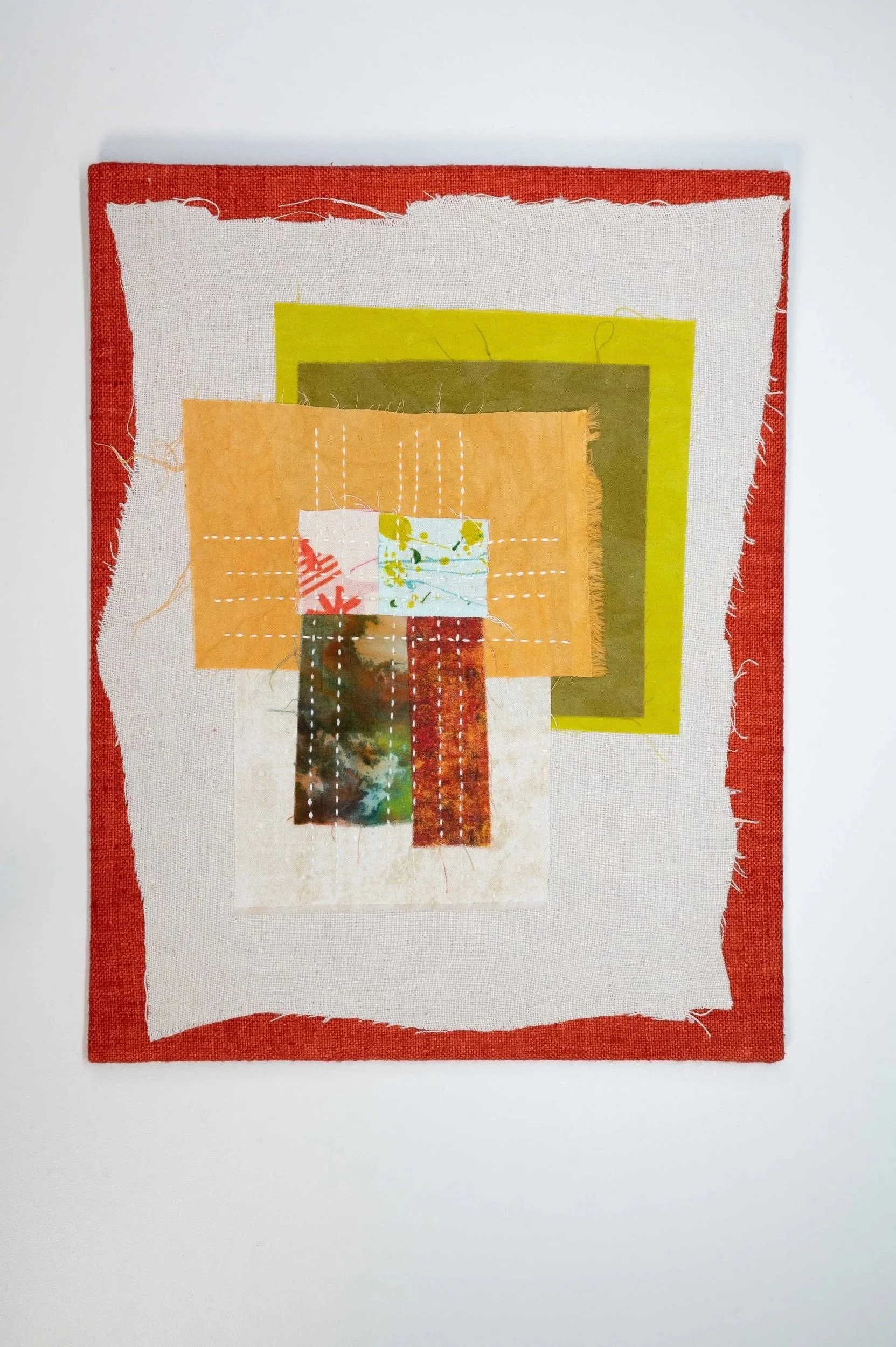 Unfinished Business No. 2 • 2025
• Improv pieced reclaimed and hand-dyed fabric, sashiko, Brussels Washer Linen, mounted on board
• 11 x 14 in.
• Available