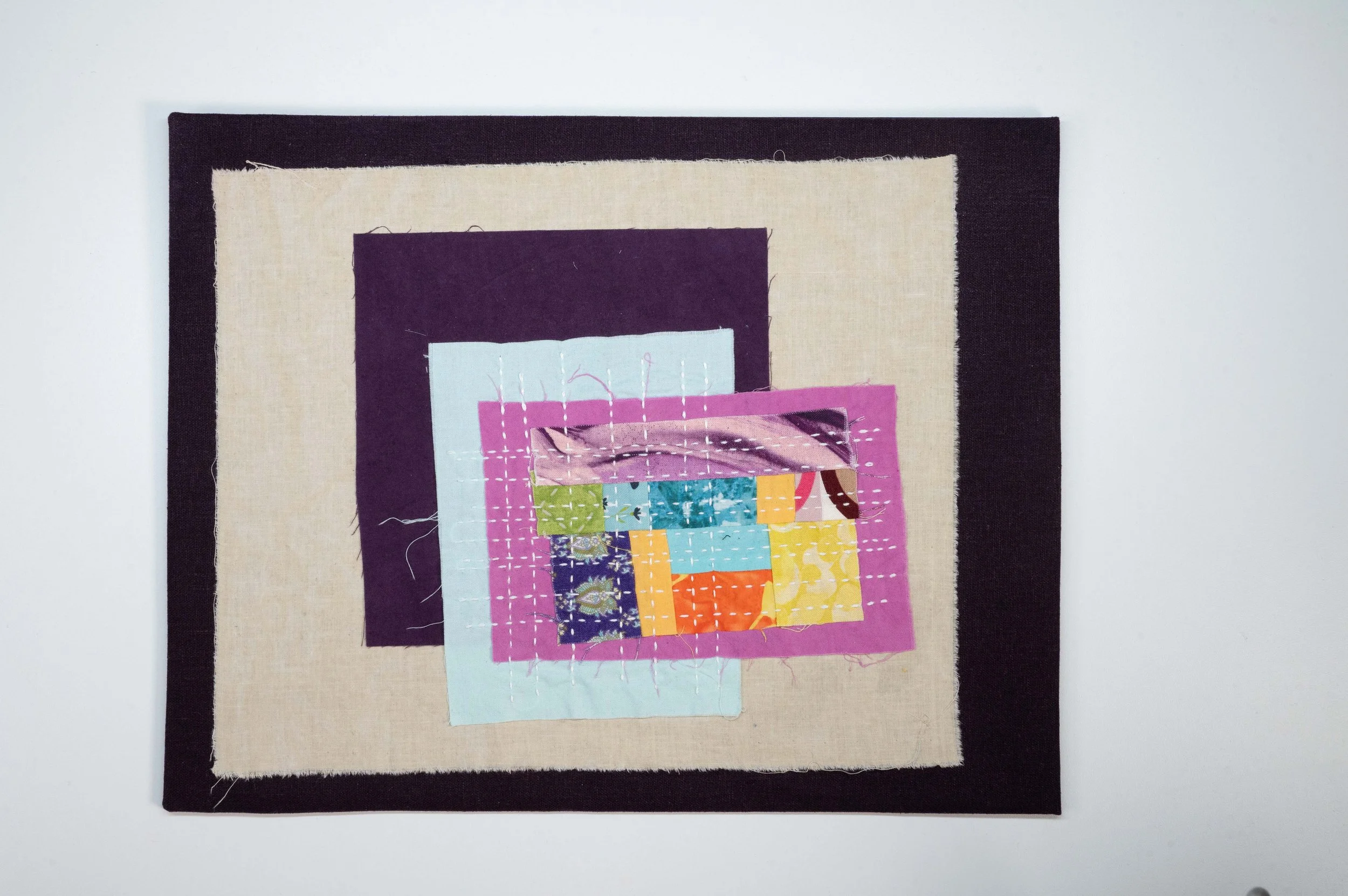 Unfinished Business No. 8 • 2025
• Improv pieced reclaimed and hand-dyed fabric, sashiko, Brussels Washer Linen, mounted on board
• 11 x 14 in.
• Available