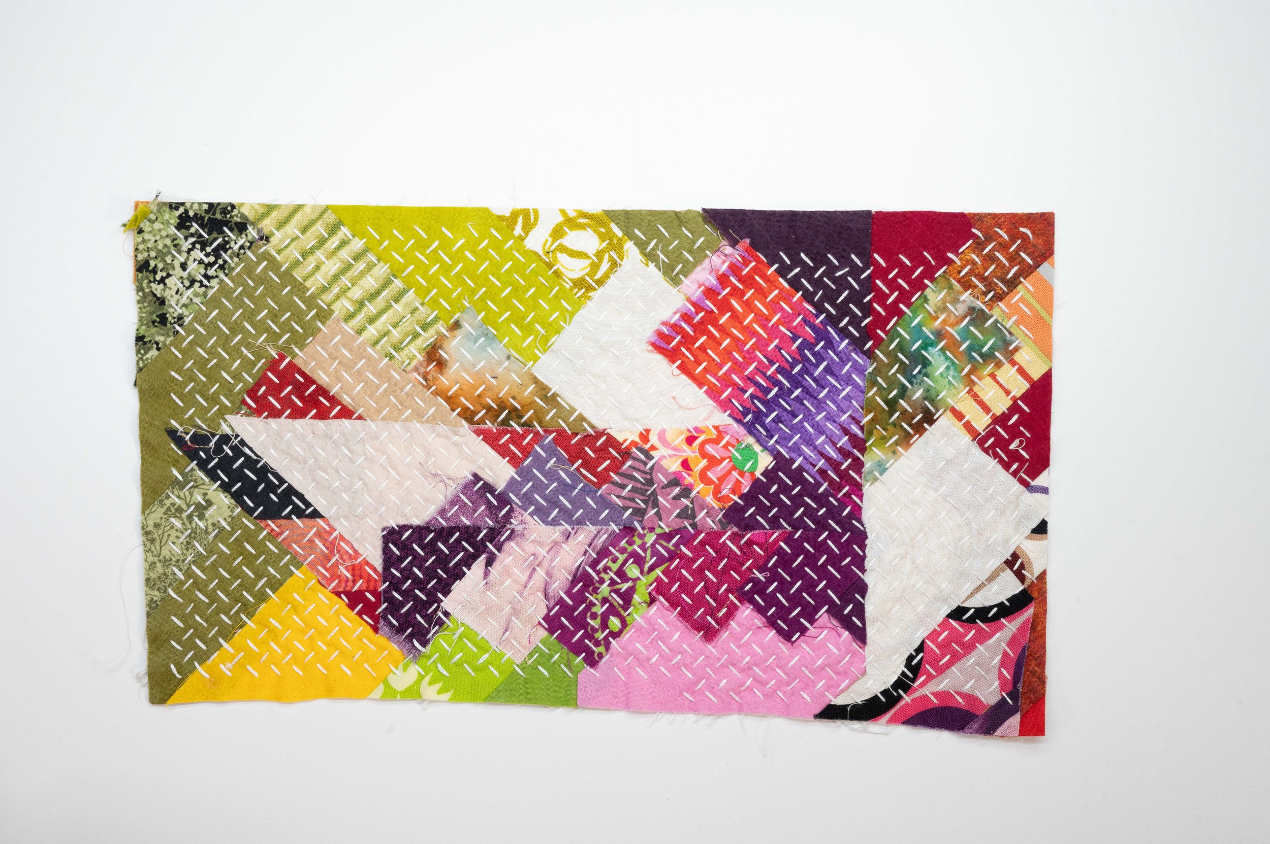 Reclaimed no. 1 • 2025
• Improv pieced reclaimed and hand-dyed fabric, hitomezasii sashiko
• 6 x 11 in.
• Available