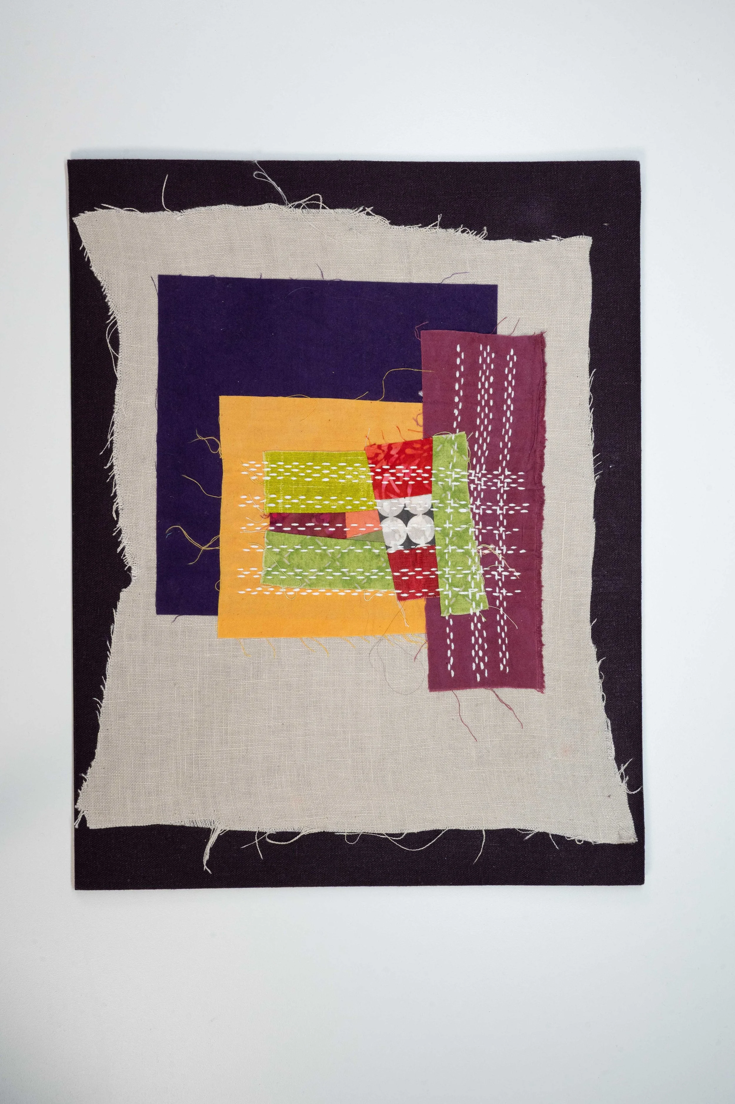 Unfinished Business No. 10 • 2025
• Improv pieced reclaimed and hand-dyed fabric, sashiko, Brussels Washer Linen, mounted on board
• 11 x 14 in.
• Available
