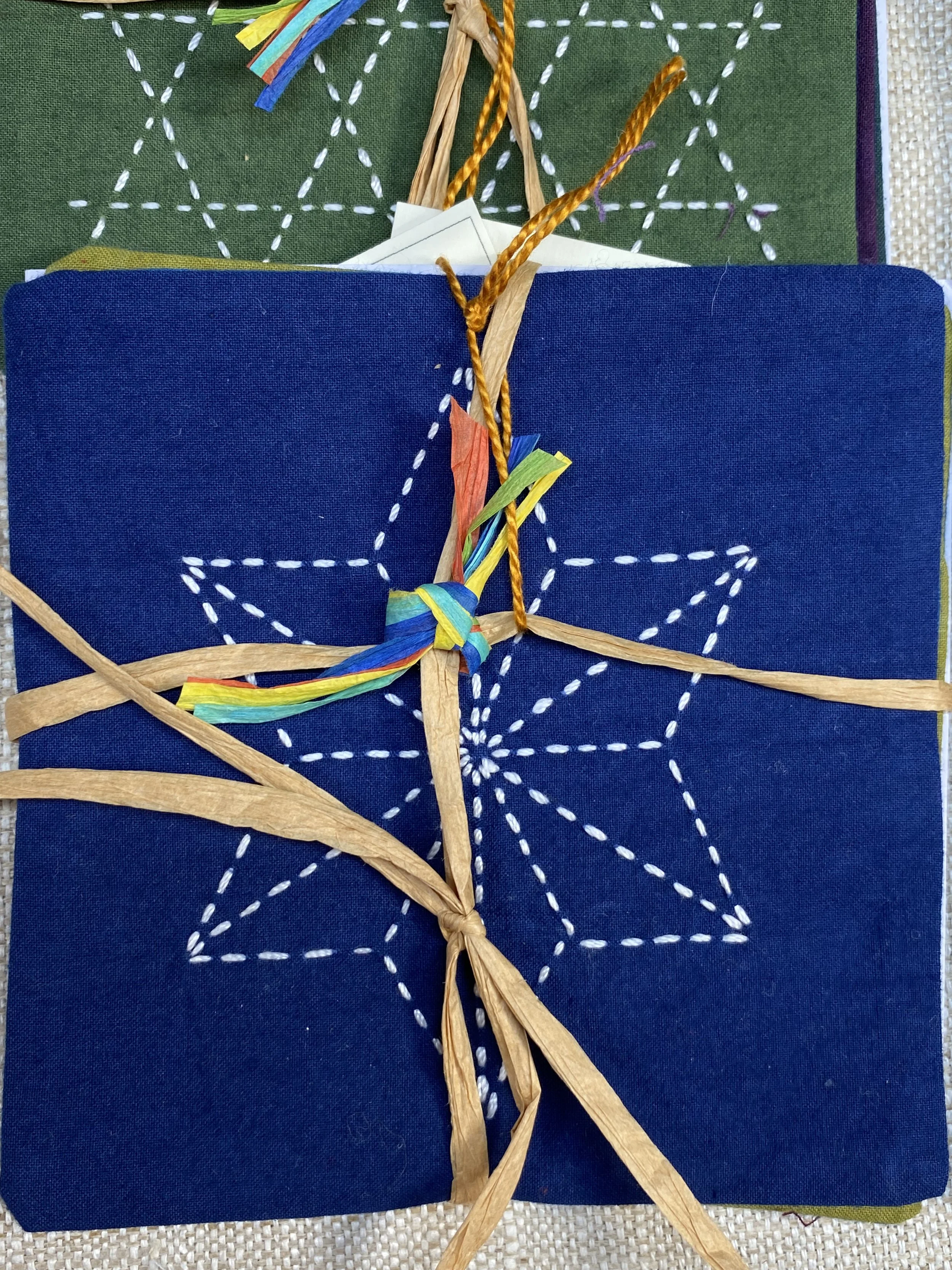 white sashiko stitching on a blue coaster in the Asanoha pattern