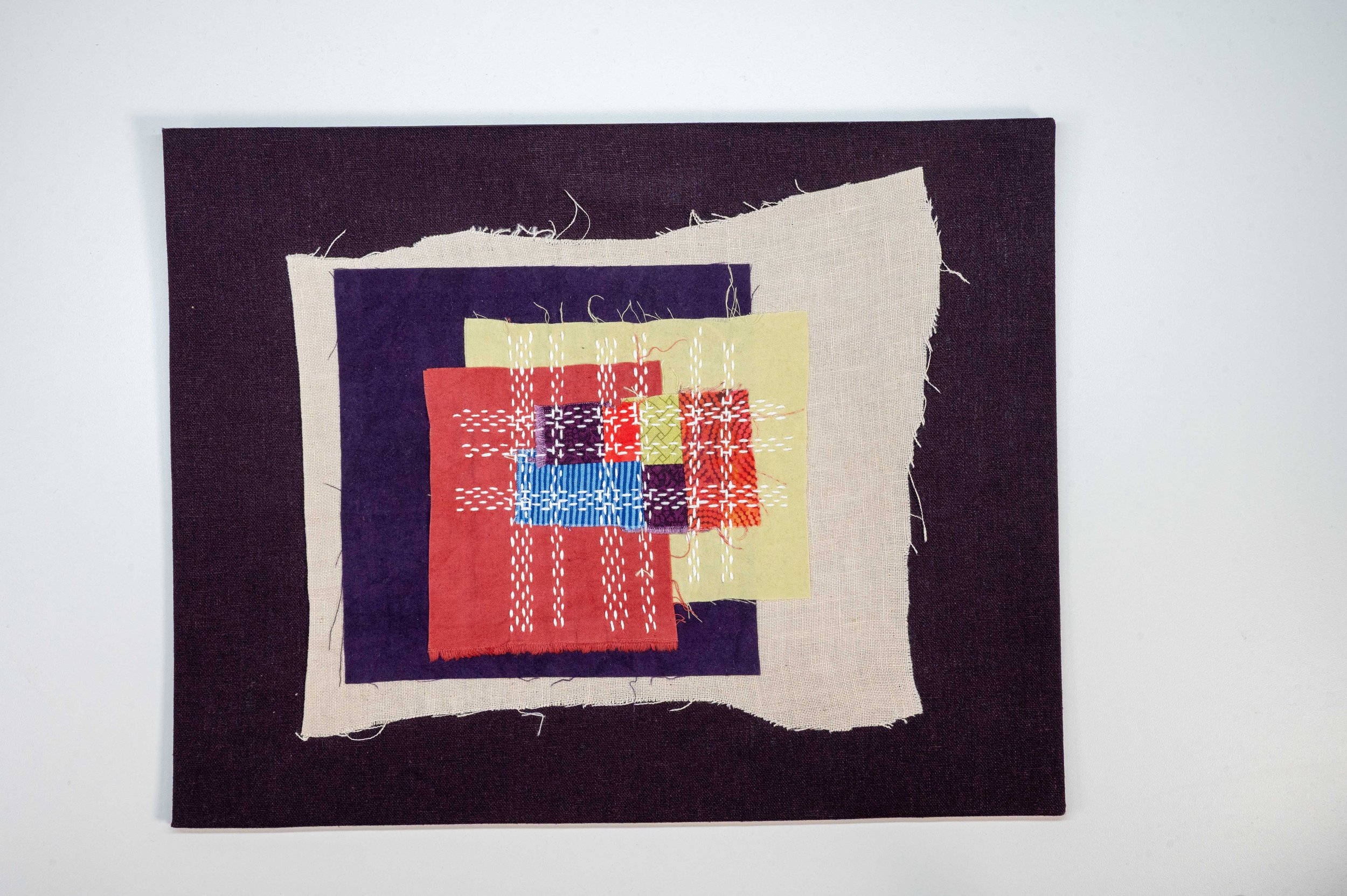 Unfinished Business No. 5 • 2025
• Improv pieced reclaimed and hand-dyed fabric, sashiko, Brussels Washer Linen, mounted on board
• 11 x 14 in.
• Available
