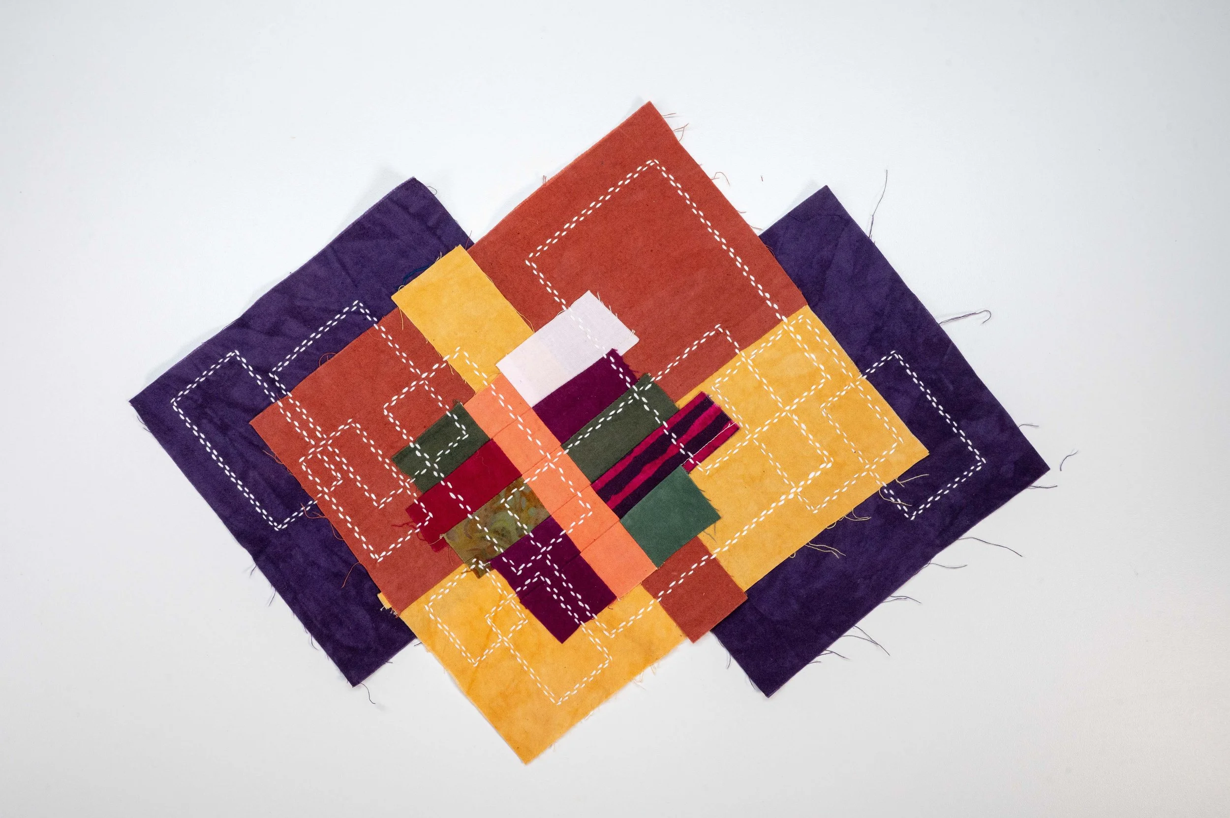 Boro'd Time No. 3 • 2025
• Improv pieced reclaimed and hand-dyed fabric, moyouzashi sashiko
• 5 x 5 in.
• Available
