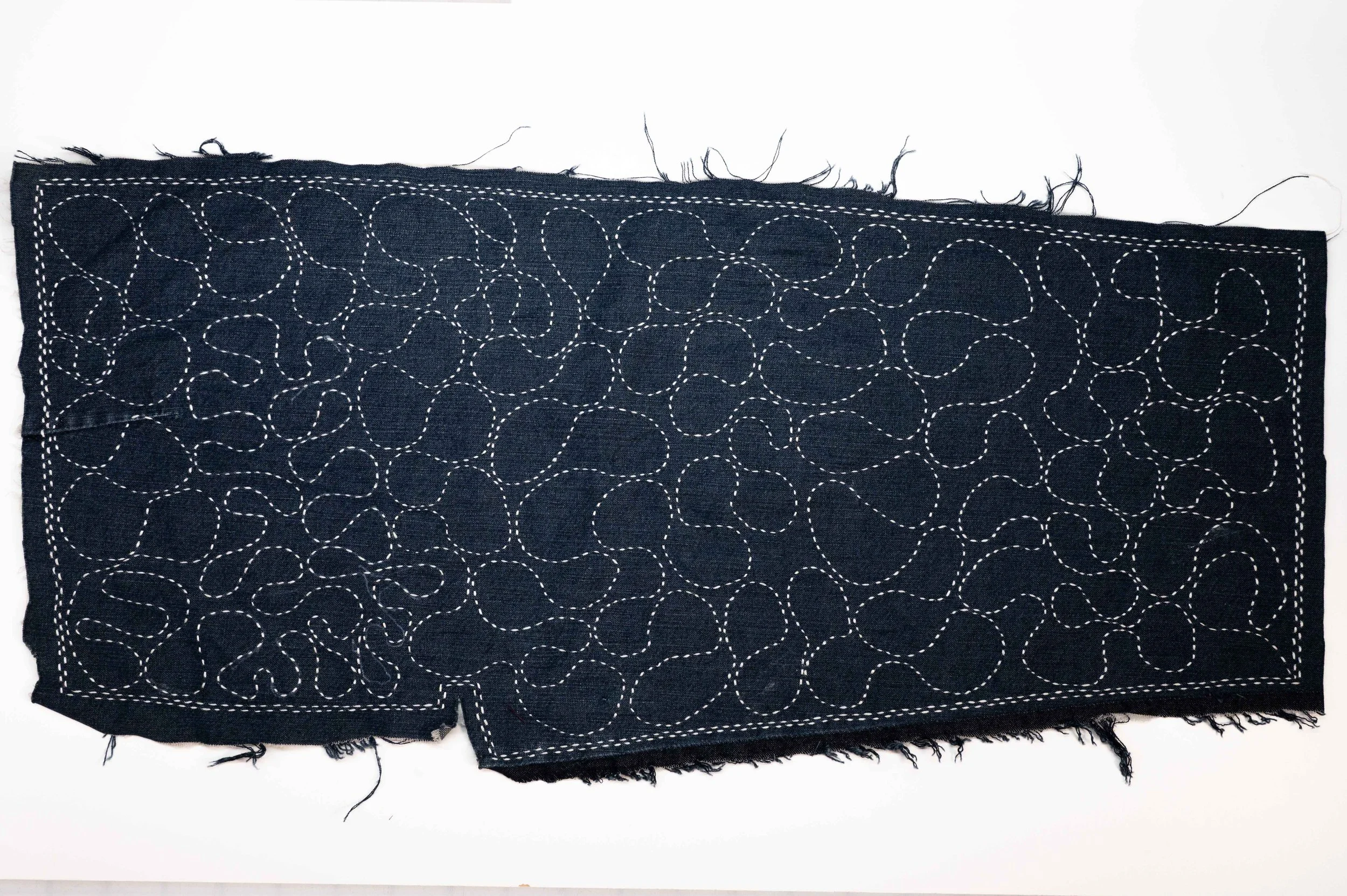 Improv Sashiko Rivers. 3 • 2025
• reclaimed denim from fashion industry waste, aurifil cotton thread, moyouzashi sashiko
• 16 x 7 in.
• Available