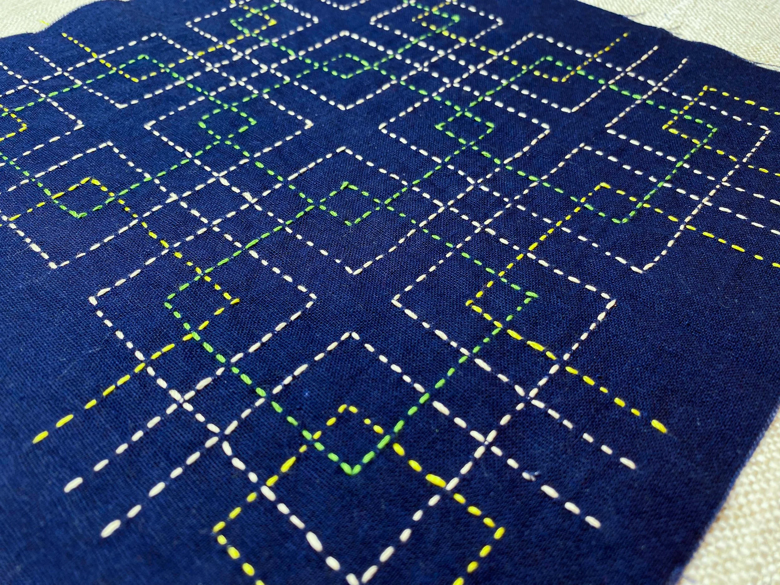 Close-up of a dark fabric with colorful embroidered geometric patterns in white, yellow, and green stitches.