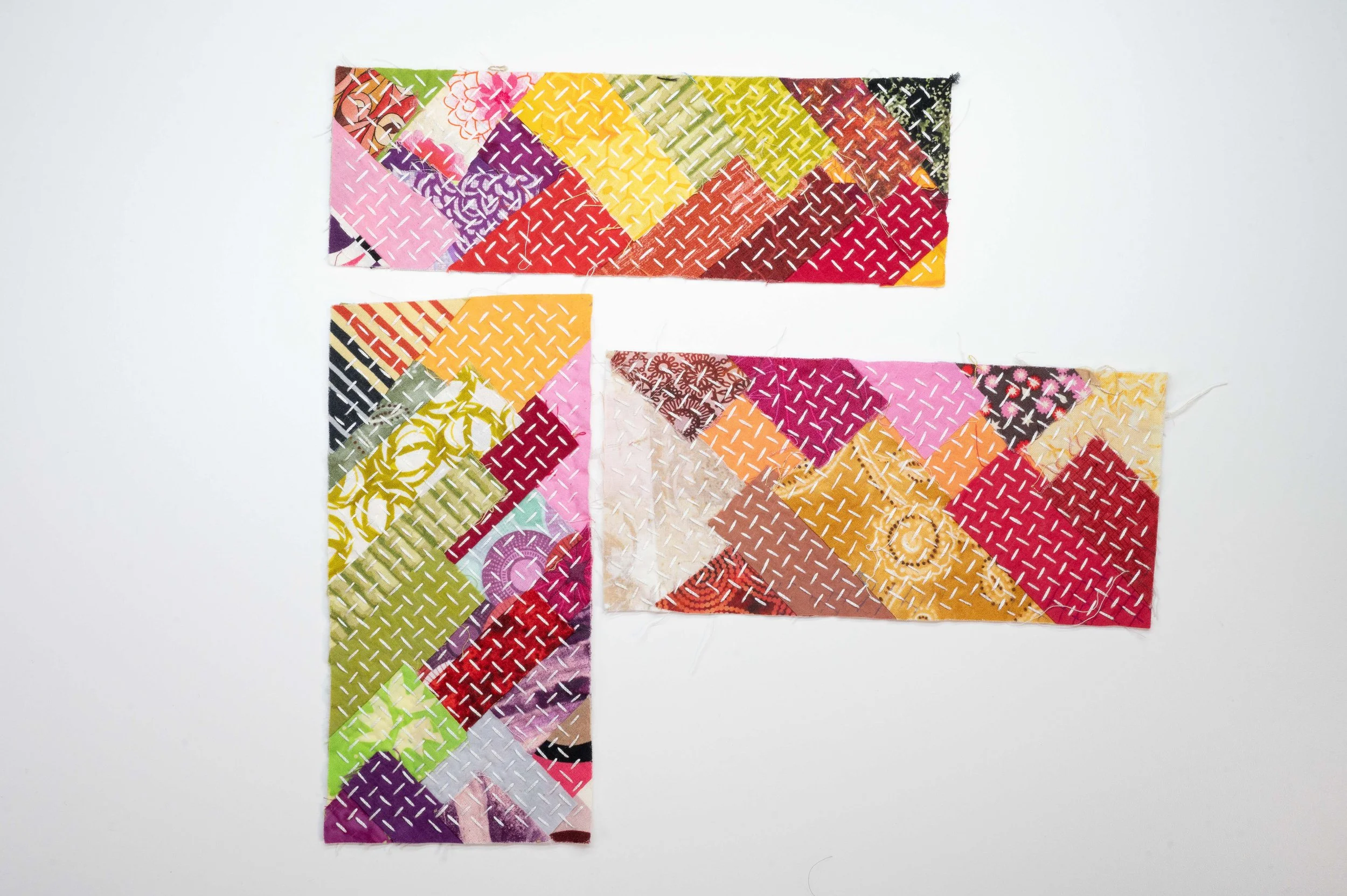 Reclaimed Trio no. 1 • 2025
• Improv pieced reclaimed and hand-dyed fabric, hitomezasii sashiko
• 4 x 10 in. ea
• Available