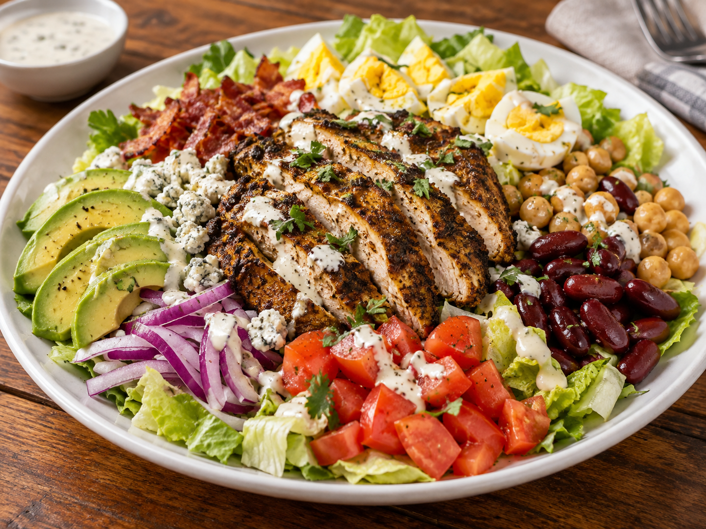 Jerk Chicken Cobb Salad Iceberg lettuce, hard boiled egg, bacon, avocado, blue cheese crumble, tomatoes, red onions, chickpeas, and kidney beans, with ranch dressing.