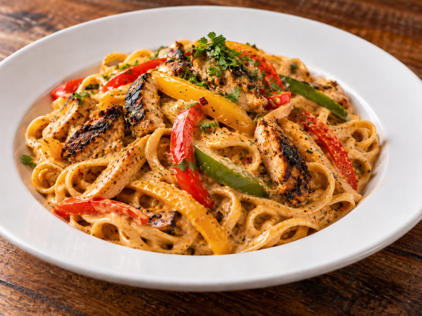 Rasta Pasta A fusion of pasta and bell peppers tossed in spicy jerk coconut cream sauce.
Add: Jerk Chicken | Shrimp | Salmon | Tofu