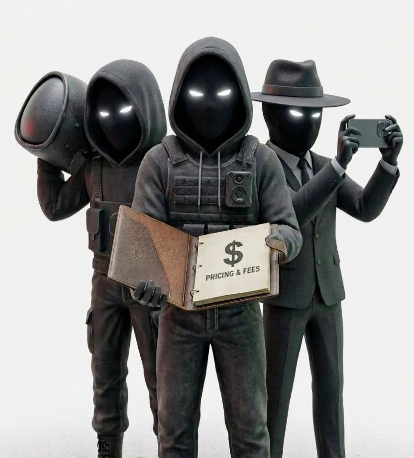 Surreal graphic of four faceless figures in formal clothing holding a book titled Pricing and Fees.