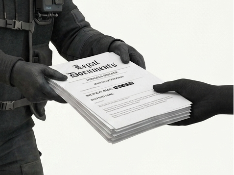 Two people exchanging a document in a modern office setting.