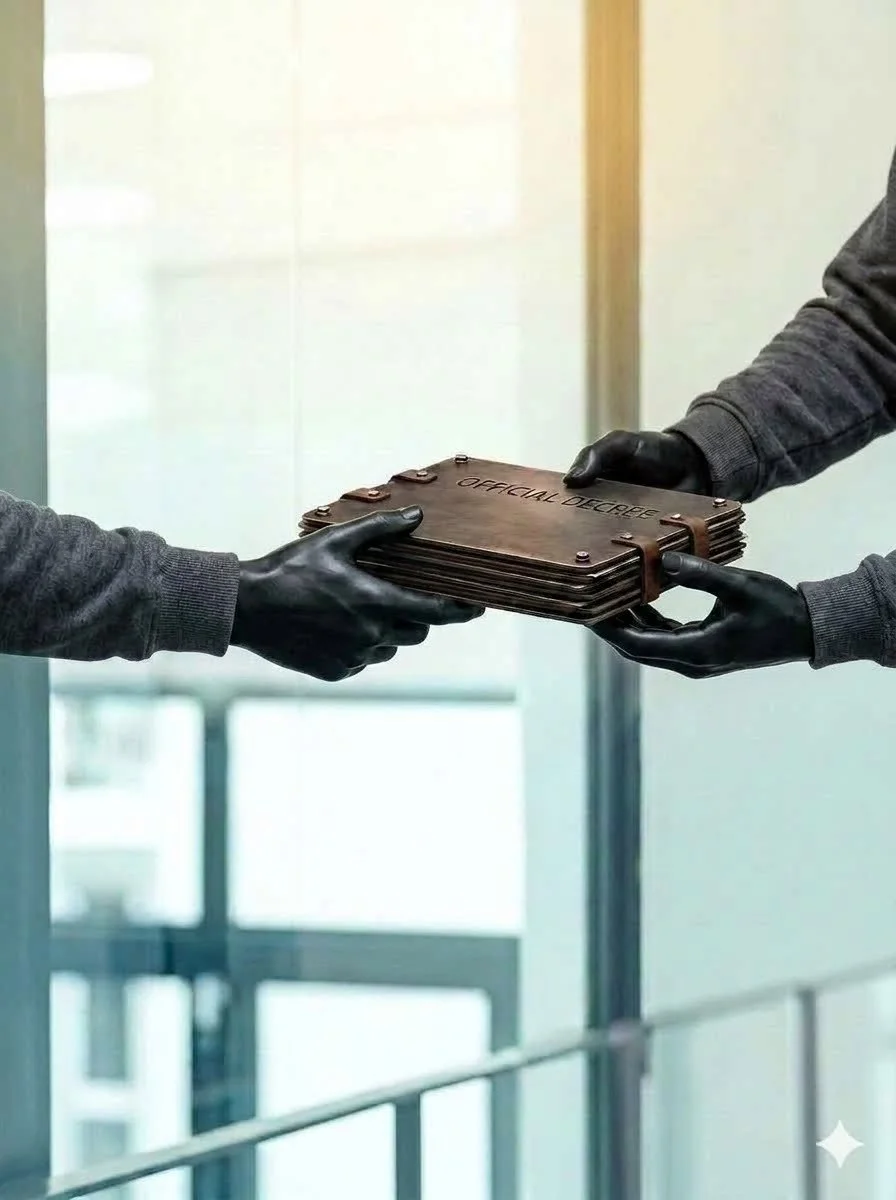 Two people exchanging a document in a modern office setting.