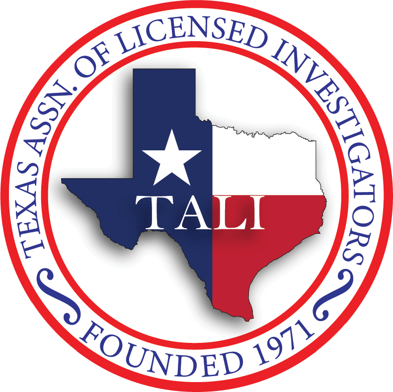 Logo of the Texas Assn. of Licensed Investigators (TALI) featuring the Texas state outline in blue, white, and red with a white star and the Acronym TALI, encircled by the organization's name and the founding year 1971.
