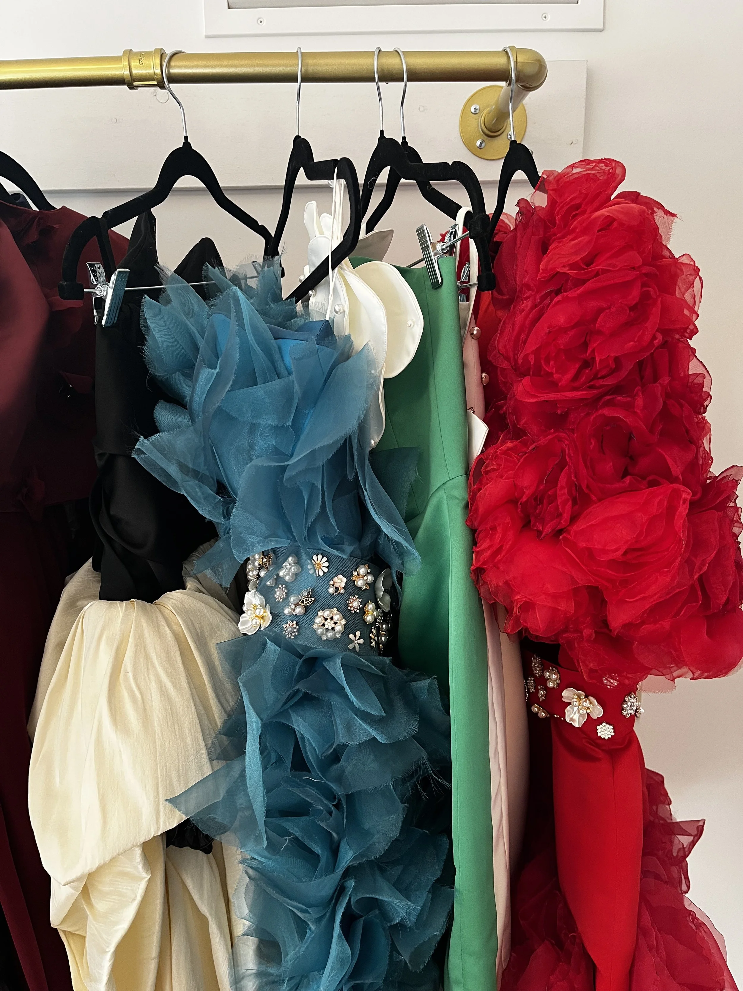 A closet rod holding various colorful dresses, including a red dress with ruffles, a black dress, a ivory skirt, and a green dress, among others.