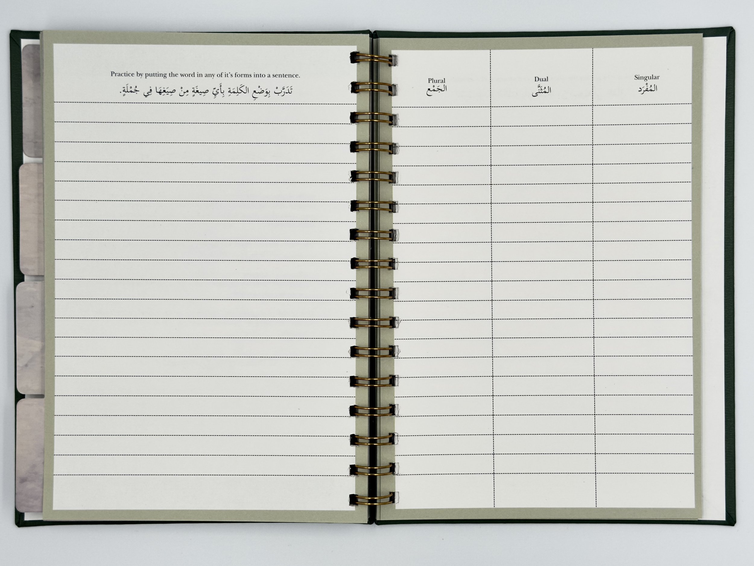 Open notebook with blank lined pages, header in English and Arabic providing practice for putting words in correct sentence form, with columns labeled for singular, dual, and plural forms.