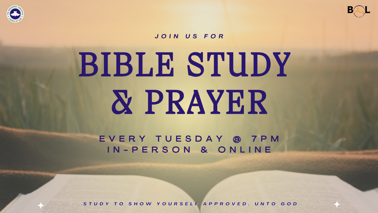 Flyer for a Bible study and prayer event with a background of an open Bible and a field at sunset. Text indicates it occurs every Tuesday at 7 PM, both in-person and online, with a church logo in the top left corner and BOL logo in the top right corner.