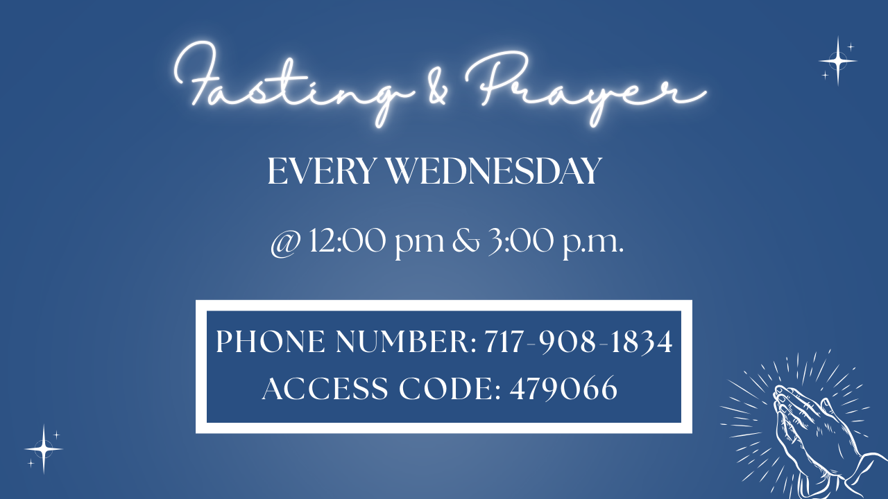 Blue background flyer with white neon text saying "Fasting & Prayer," mentions weekly Wednesday events at 12:00 pm and 3:00 pm, includes a phone number and access code, and features praying hands and star illustrations.