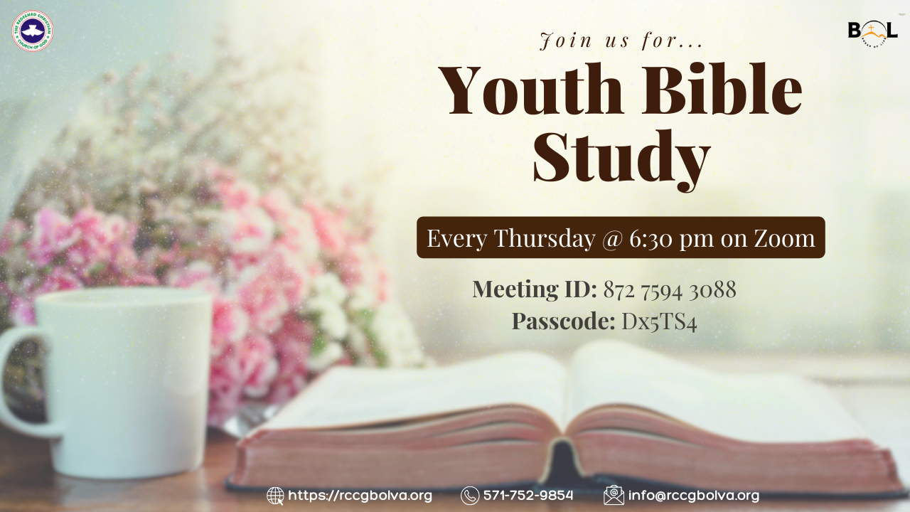 A promotional flyer for a Youth Bible Study event, showing an open Bible, a white mug, and pink flowers on a table with a soft, blurred background. The text invites viewers to join every Thursday at 6:30 pm on Zoom, including the meeting ID and passcode.