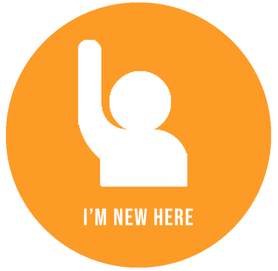 A white silhouette of a person raising their hand inside an orange circle with the text 'I'm New Here' below.