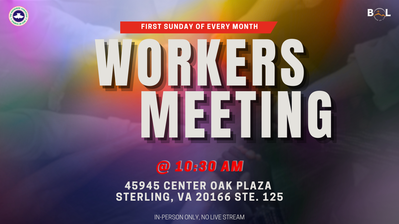 Announcement for a workers' meeting on the first Sunday of every month at 10:30 AM, held at 45945 Center Oak Plaza, Sterling, VA 20166, Ste. 125. The event is in-person only, with no live stream.