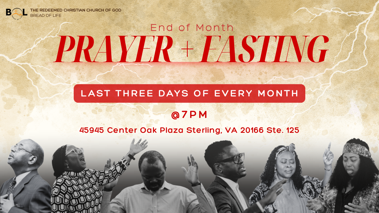 Flyer for an end of month prayer and fasting event by the Redeemed Christian Church of God at 45945 Center Oak Plaza, Sterling, VA, happening on the last three days of every month at 7 pm. The flyer features images of people praying and worshipping.