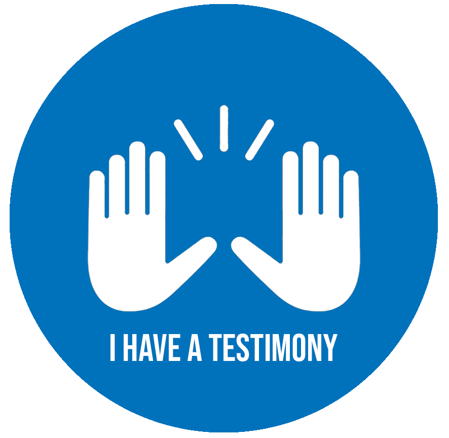 Blue circular badge featuring two white hands raised, with lines indicating speech or testimony, and the text "I HAVE A TESTIMONY" at the bottom.