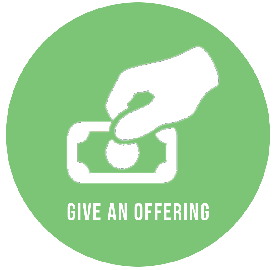 A white hand dropping a coin into a donation box, with the text 'GIVE AN OFFERING' underneath, on a green background.