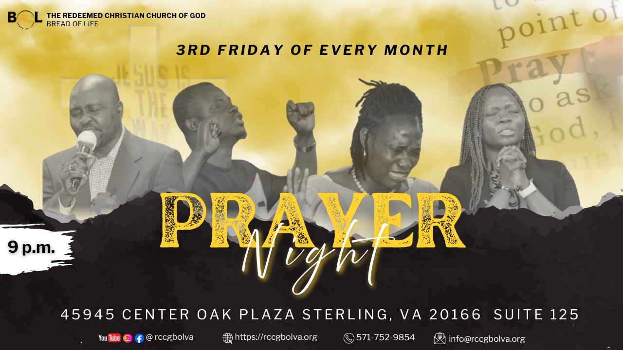 An advertisement poster for a prayer night event hosted by the Redeemed Christian Church of God, Bread of Life. The event is on the 3rd Friday of every month at 9 p.m., located at 45945 Center Oak Plaza, Sterling, VA, Suite 125. The poster features four people praying and the event details, with social media and contact information at the bottom.