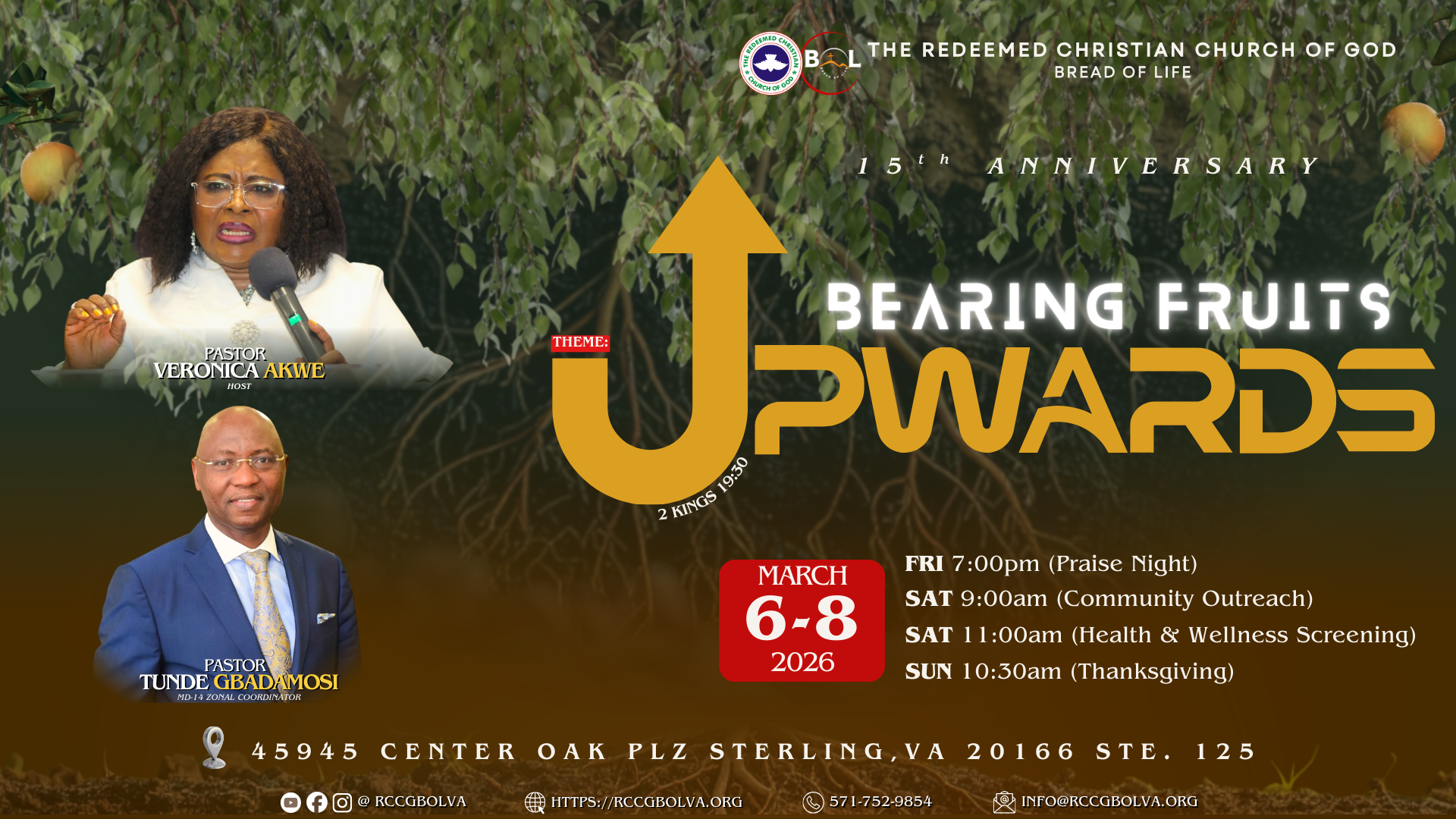 Event poster for the 15th anniversary of The Redeemed Christian Church of God, with a theme of "Bearing Fruits Upwards." Features images of Pastors Veronica Akwe and Tunde Gbadosi Mosi, with event details including dates, times, and locations from March 6-8, 2026. The background shows tree roots and branches, and contact information at the bottom.