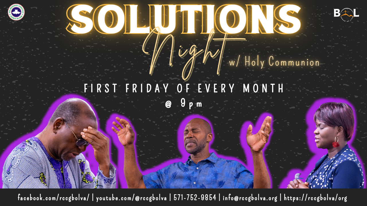 A promotional poster for 'Solutions Night' with Holy Communion, held on the first Friday of every month at 9 p.m. The poster features three people praying or engaging in worship. The background is dark with gold and white text, and purple glow outlines around the individuals. Contact information and social media links are at the bottom of the poster.