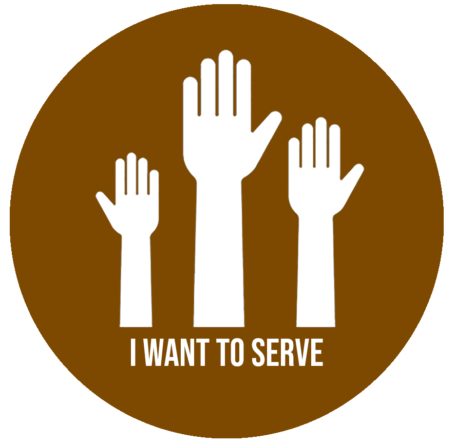 Three raised hands with the text "I WANT TO SERVE" underneath, all inside a circular brown background.