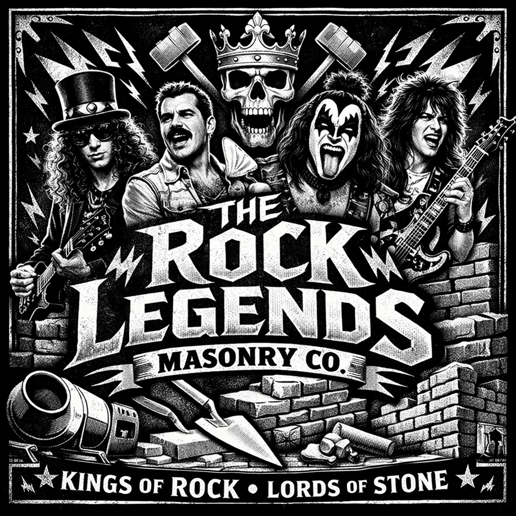 Black and white promotional poster for "The Rock Legends Masonry Co." featuring four rock musicians with long hair, makeup, and guitars, a skull with a crown in the background, and masonry tools and bricks surrounding the band. Text includes "KINGS O