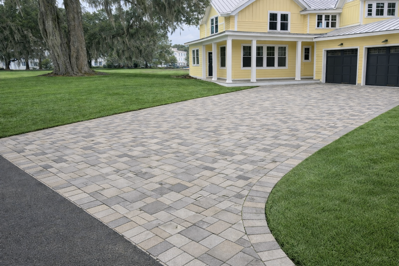 A yellow house with a cobblestone driveway and a large tree in the front yard, with well-maintained green grass and neighboring houses in the background.