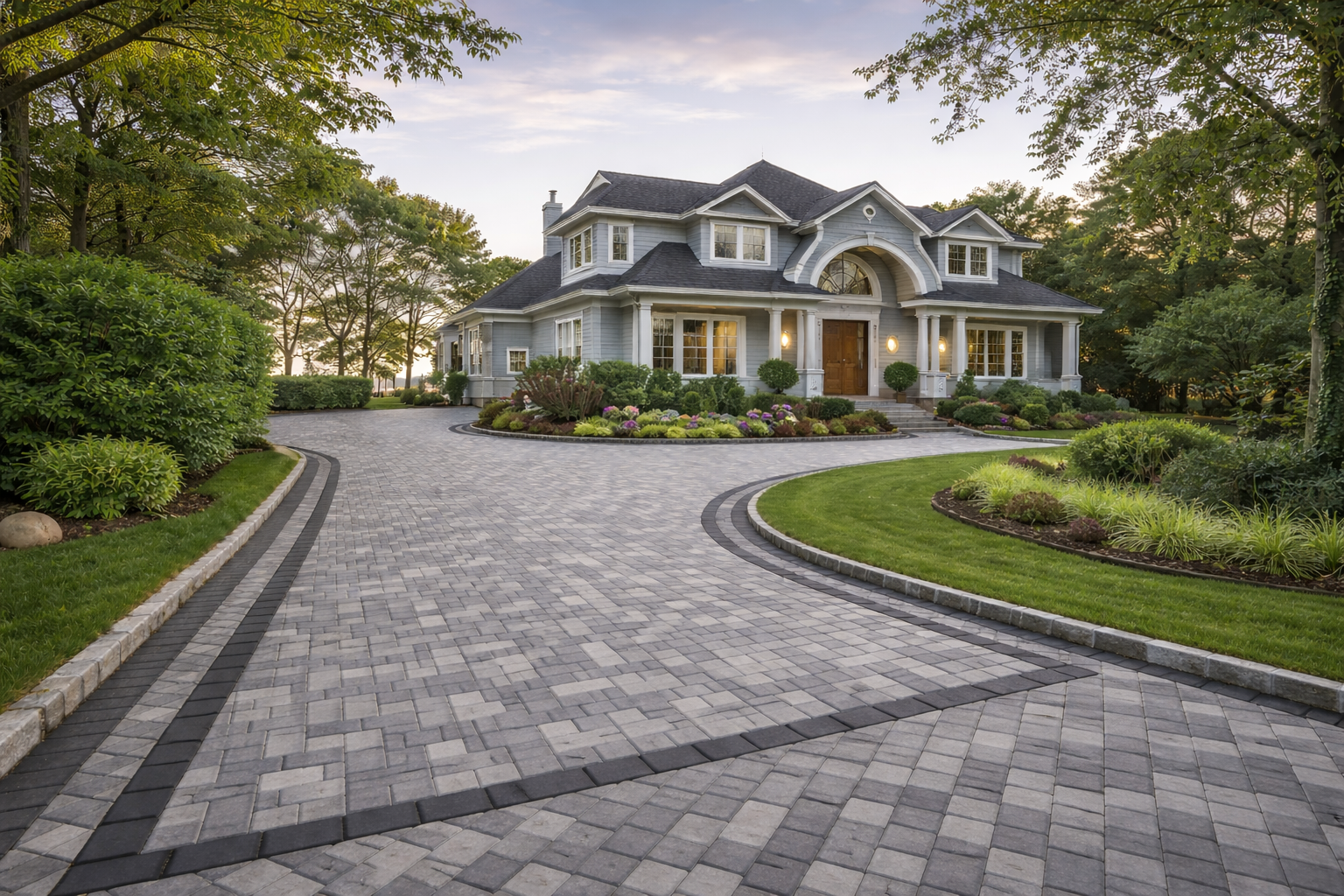 Large, elegant house surrounded by landscaped gardens and a curved, paved driveway in the evening.