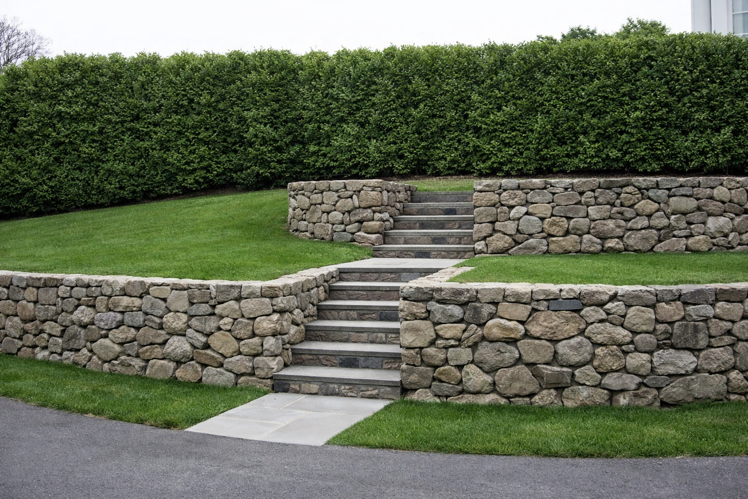 Stone stairs leading up to a landscaped yard with a stone retaining wall, green grass, and a tall hedge in the background.