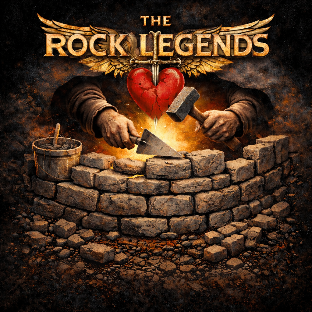 The logo for the video game 'The Rock Legends' featuring a cracked red heart, a hammer and chisel, stone bricks, and a pair of muscular hands breaking rocks.