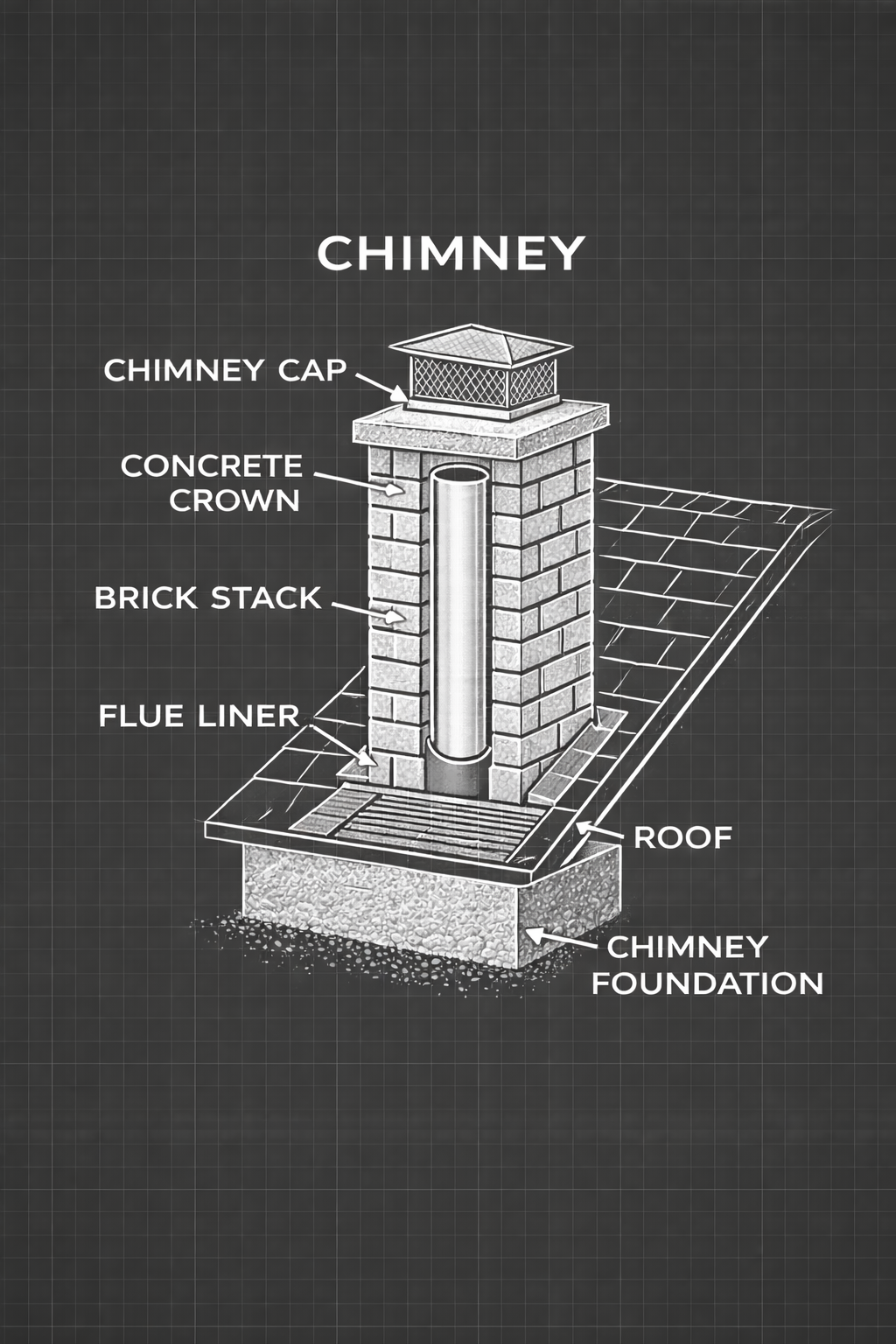 Diagram of a chimney with labels indicating the chimney cap, concrete crown, brick stack, flue liner, roof, and chimney foundation.