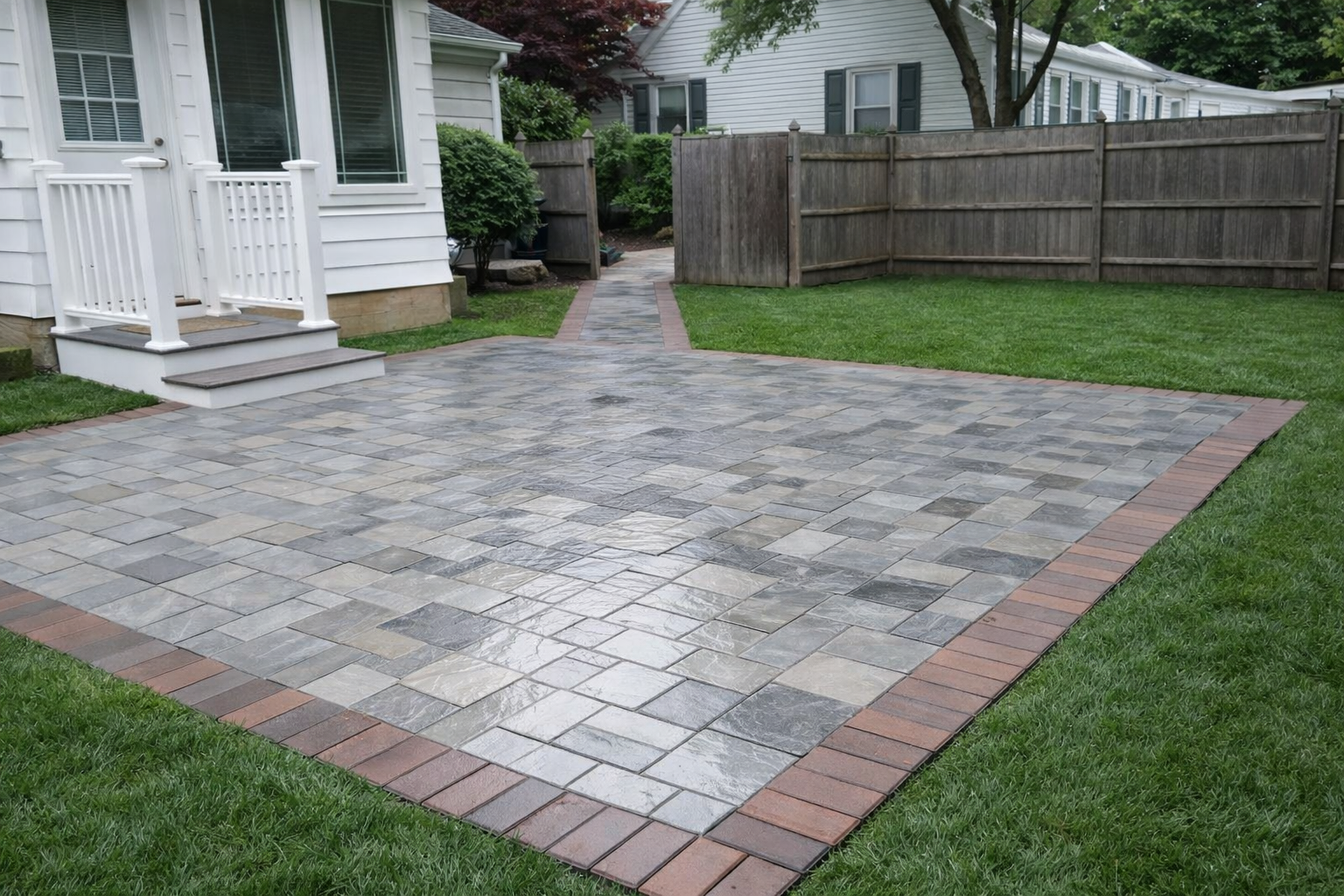 Backyard patio with stone pavers bordered by red bricks, grass lawn on all sides, fenced backyard, and part of a white house with stairs and a porch.