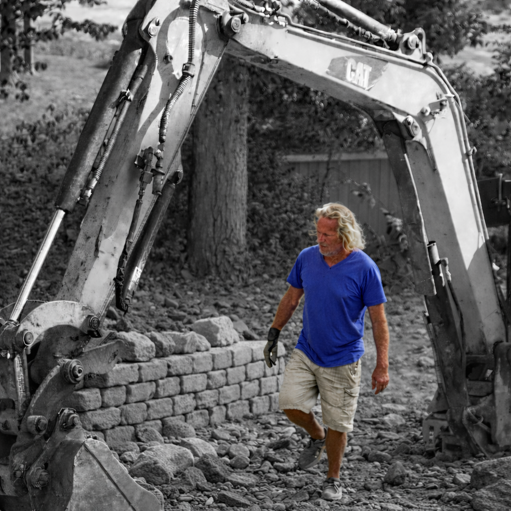 A man with long blond hair wearing a blue t-shirt and beige shorts walking near a large construction excavator at a construction site, with a stone wall under construction and trees in the background.