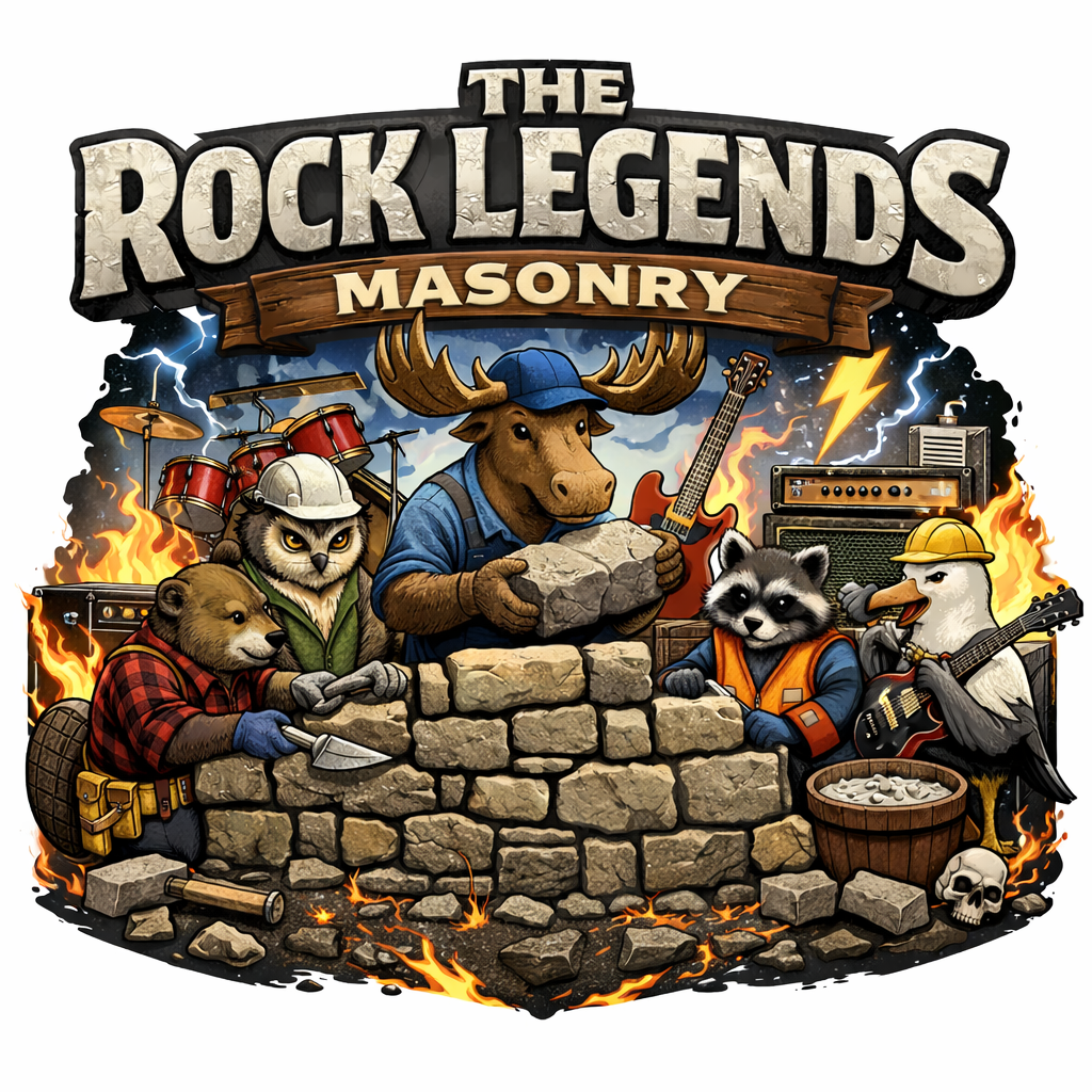 Animals dressed as construction workers building a stone wall, with musical instruments and equipment in the background, flames, lightning, and skulls surrounding them, representing a rock-themed masonry scene.