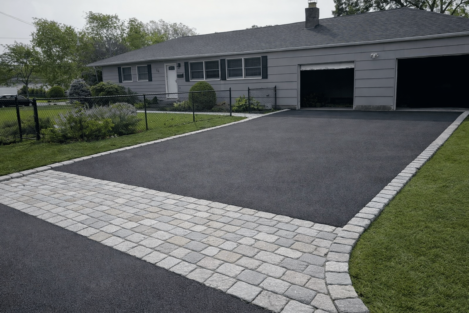 A driveway with a border of light-colored bricks leading to a garage of a gray house with black shutters and a landscaped front yard. There's a black metal fence and green grass surrounding the yard.