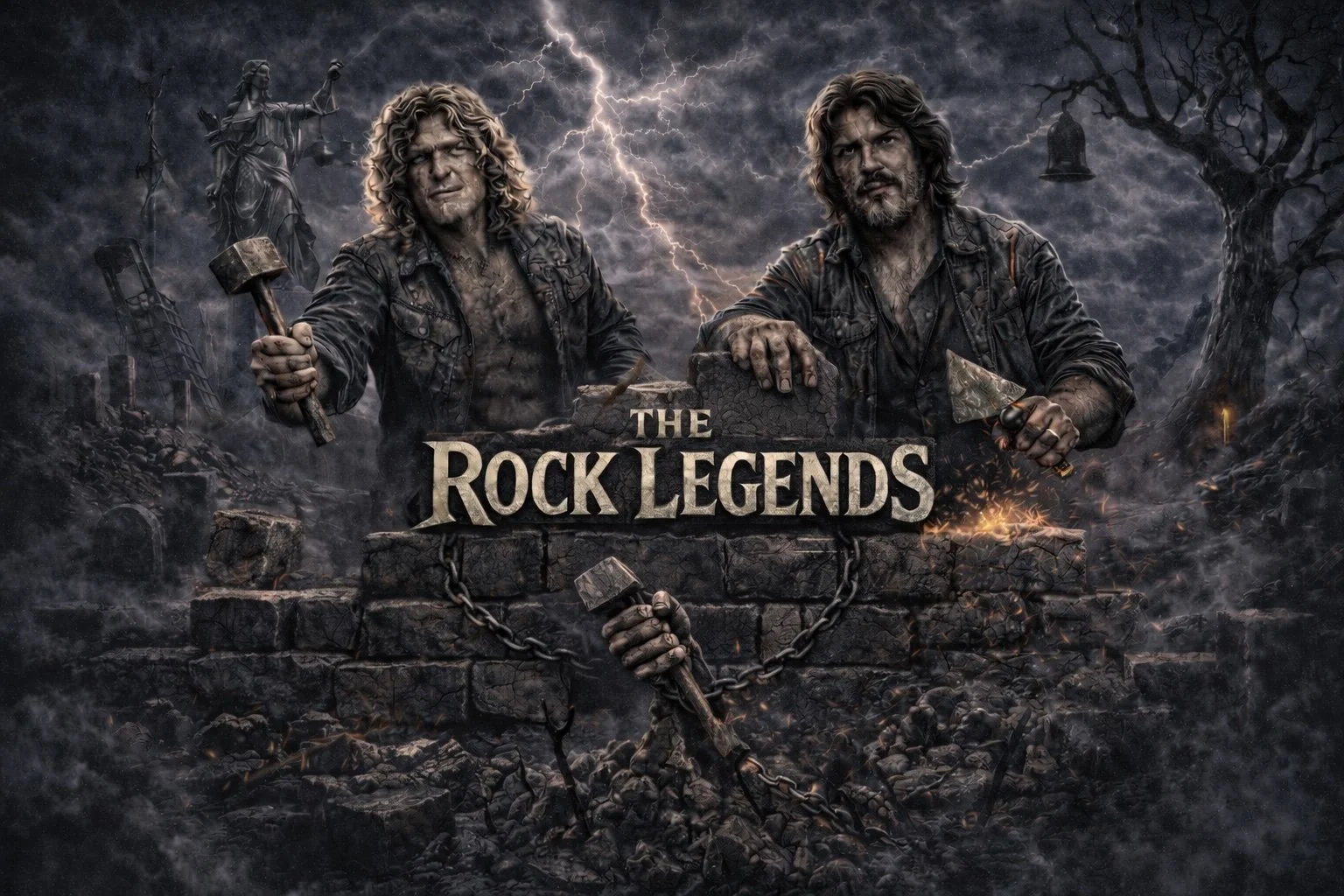 Dark fantasy-style promotional poster for "The Rock Legends" featuring two rugged men holding hammers, with lightning, clouds, and eerie landscape in the background.