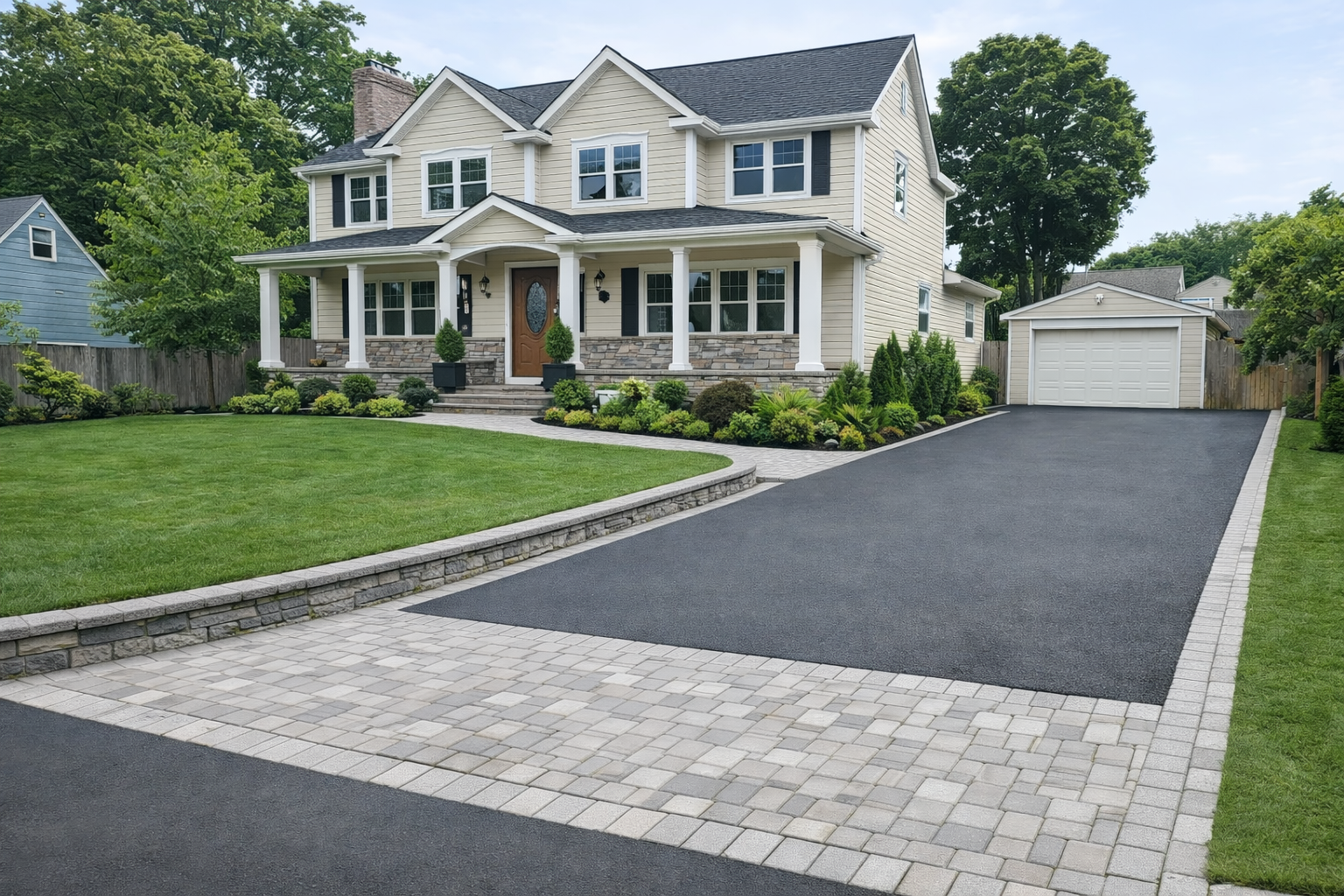 A large two-story house with a stone and siding exterior, front porch with columns, a driveway leading to a detached garage, well-maintained front yard with green lawn and landscaped bushes, and trees in the background.