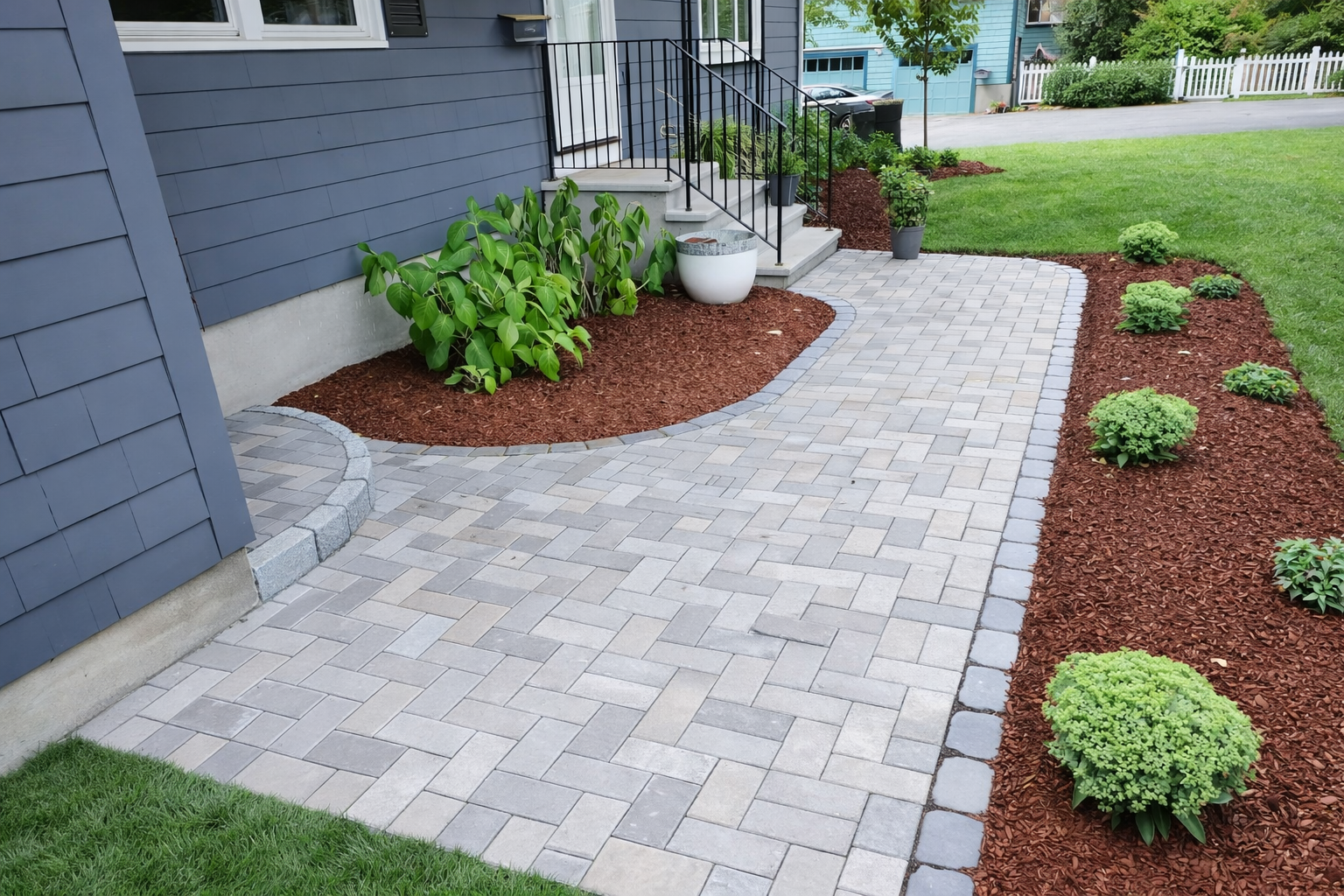 Curved brick patio with landscaped flower beds containing green plants and bushes, brick steps with black metal railing leading to house door, and neighboring houses with a white picket fence in the background.