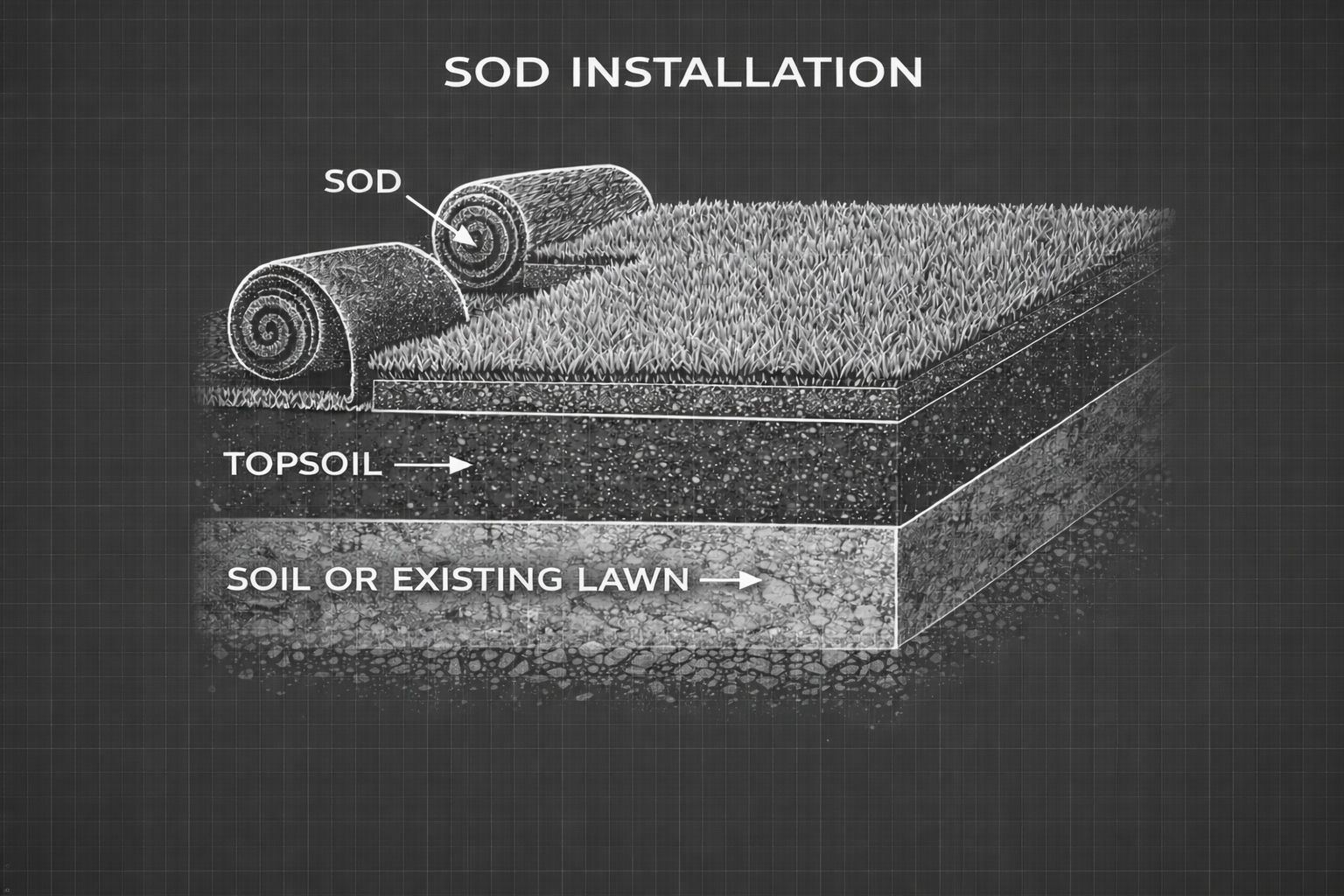 Diagram showing the installation process of Sod, with layers including soil or existing lawn at the bottom, topped by topsoil, and rolled sod on top. The diagram highlights the layers and their order.