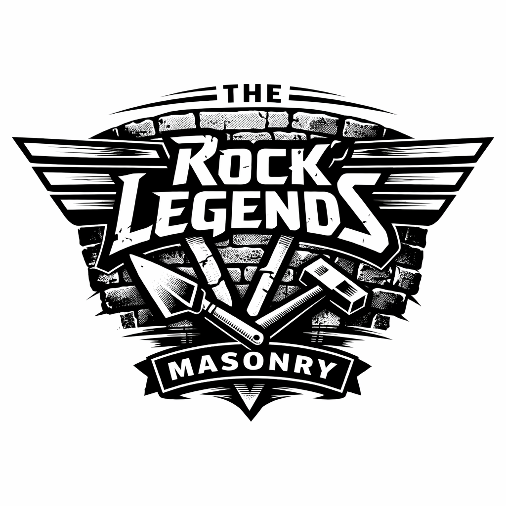Black and white logo for "The Rock Legends Masonry" featuring brickwork, a trowel, hammer, and chisel.