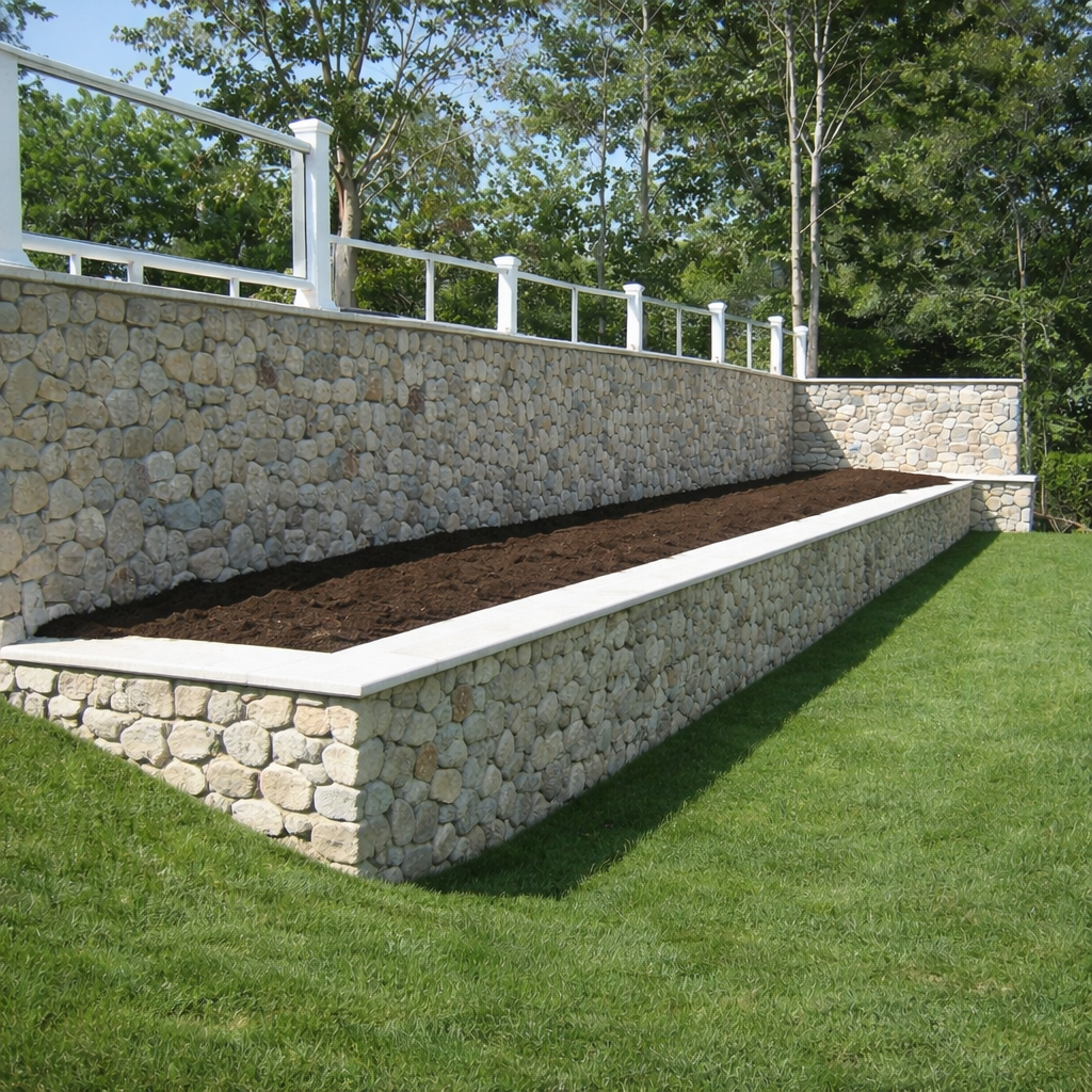 A stone tiered garden bed with a white border, filled with dark soil, situated on a well-manicured grassy lawn, with a stone and white railing fence and trees in the background.